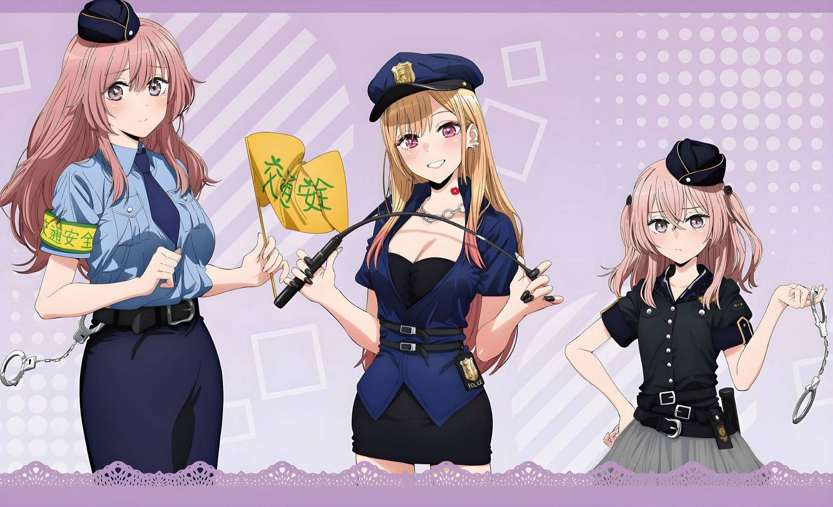 my 桌布 壁紙 — 三名動漫風格的女警穿著制服，手持手銬和旗幟，在帶圖案的紫色背景前擺姿勢。