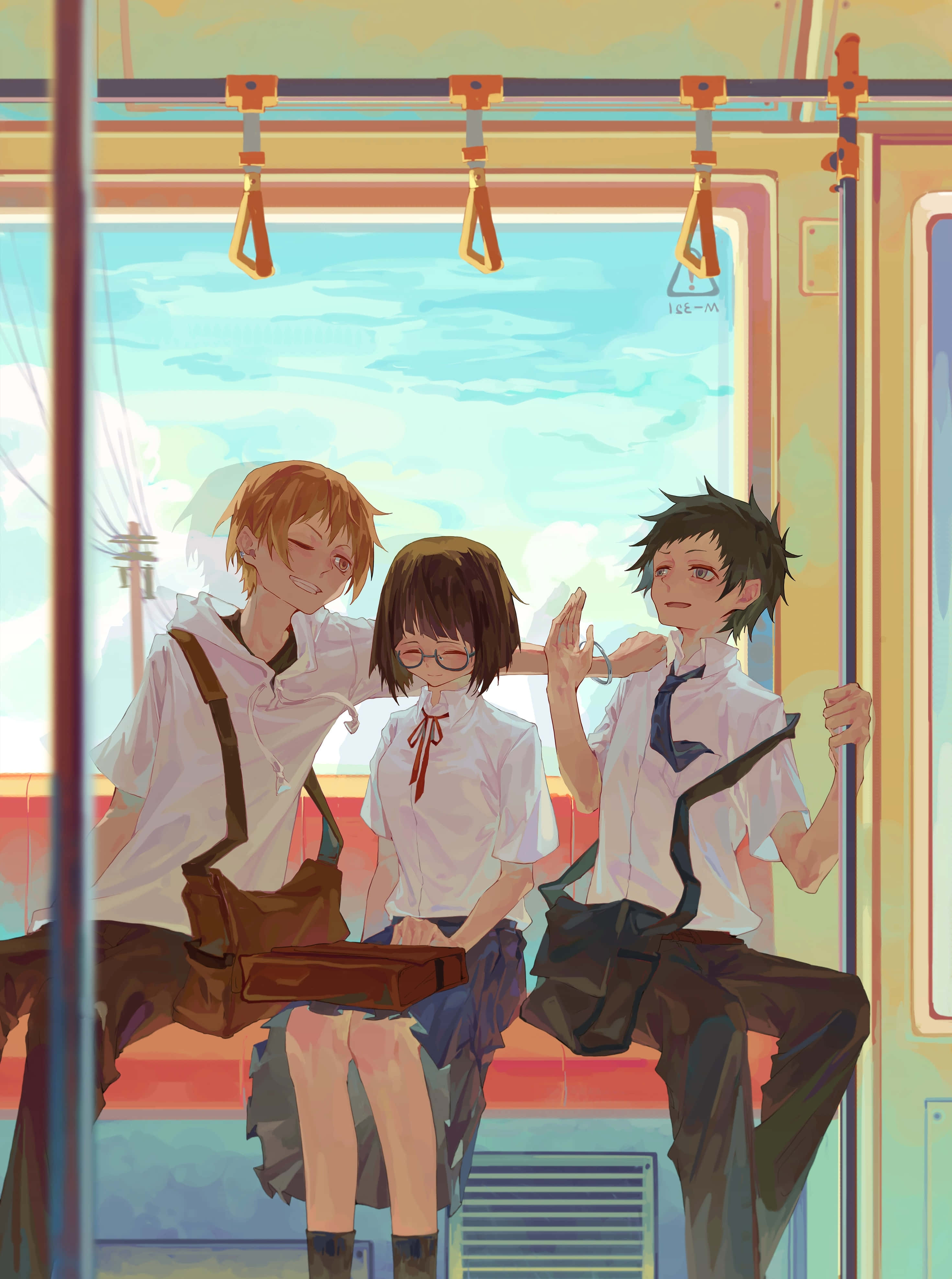 Anri Sonohara 桌布 壁紙 — 三名動畫學生穿著校服，一起坐在明亮的地鐵車廂內，車廂有歡快的粉彩顏色和吊環。