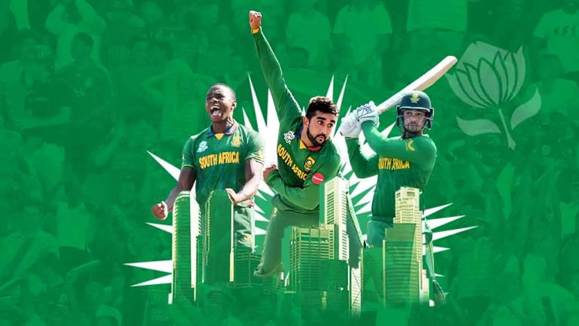 south africa cricket 桌布 壁紙 — 三名南非板球運動員在充滿活力的綠色城市景觀背景下，伴隨著歡呼的球迷，勝利地慶祝。