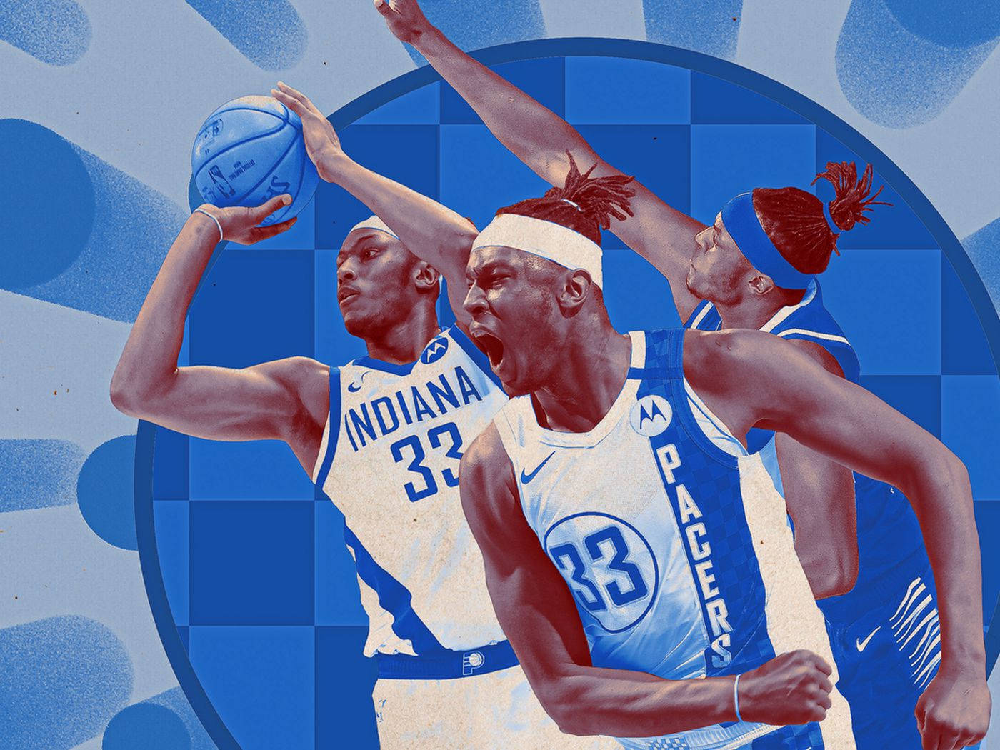 myles turner 桌布 壁紙 — 三名印第安納溜馬籃球運動員在搶眼的藍色格子和抽象背景前擺出動態姿勢。