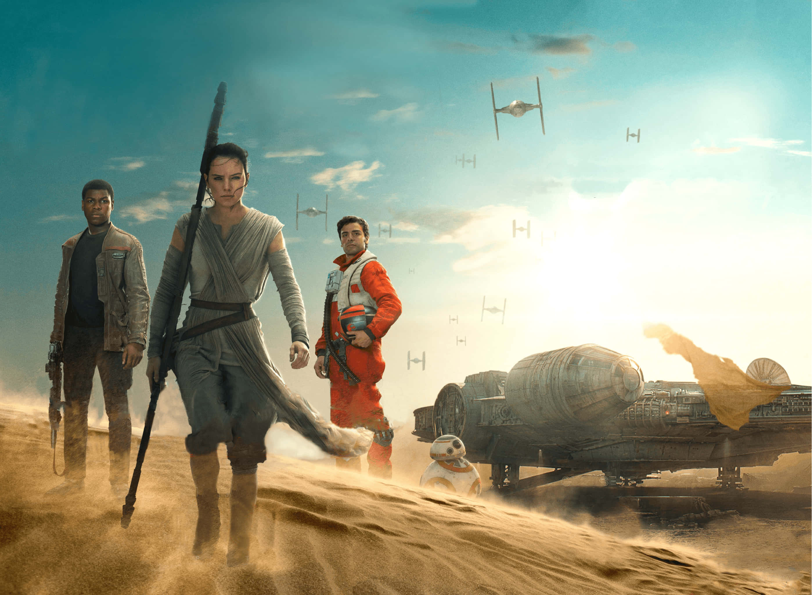 Rey Star Wars 桌布 壁紙 — 三名反抗軍和一個機器人站在沙漠星球上，星際戰機在明亮的天空中飛過頭頂。
