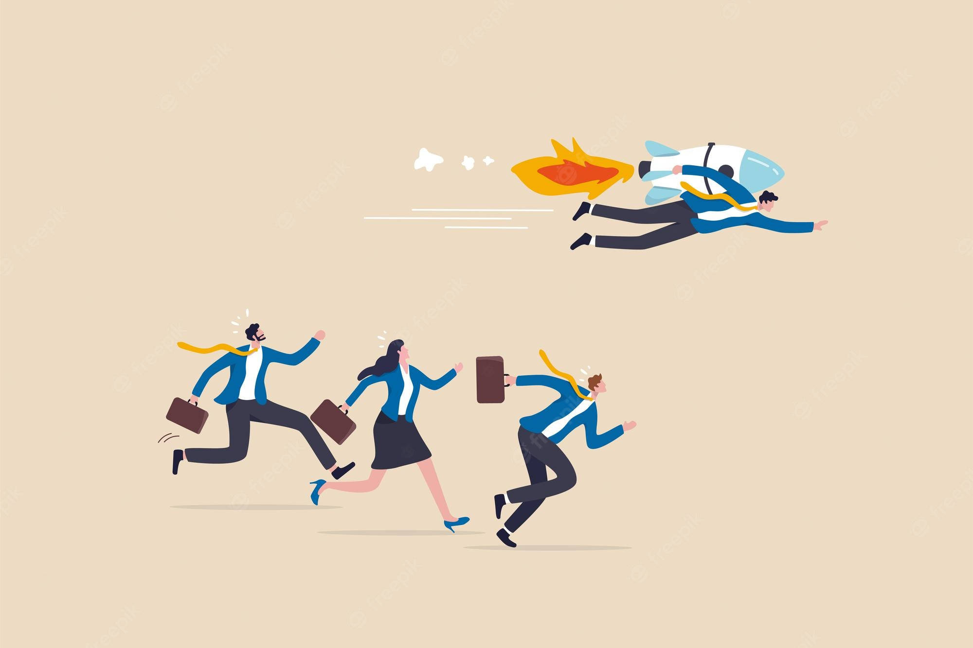 Teamwork 桌布 壁紙 — 三名商務人士瘋狂衝刺，而一名同事用噴射背包飛走，留下煙霧痕跡。