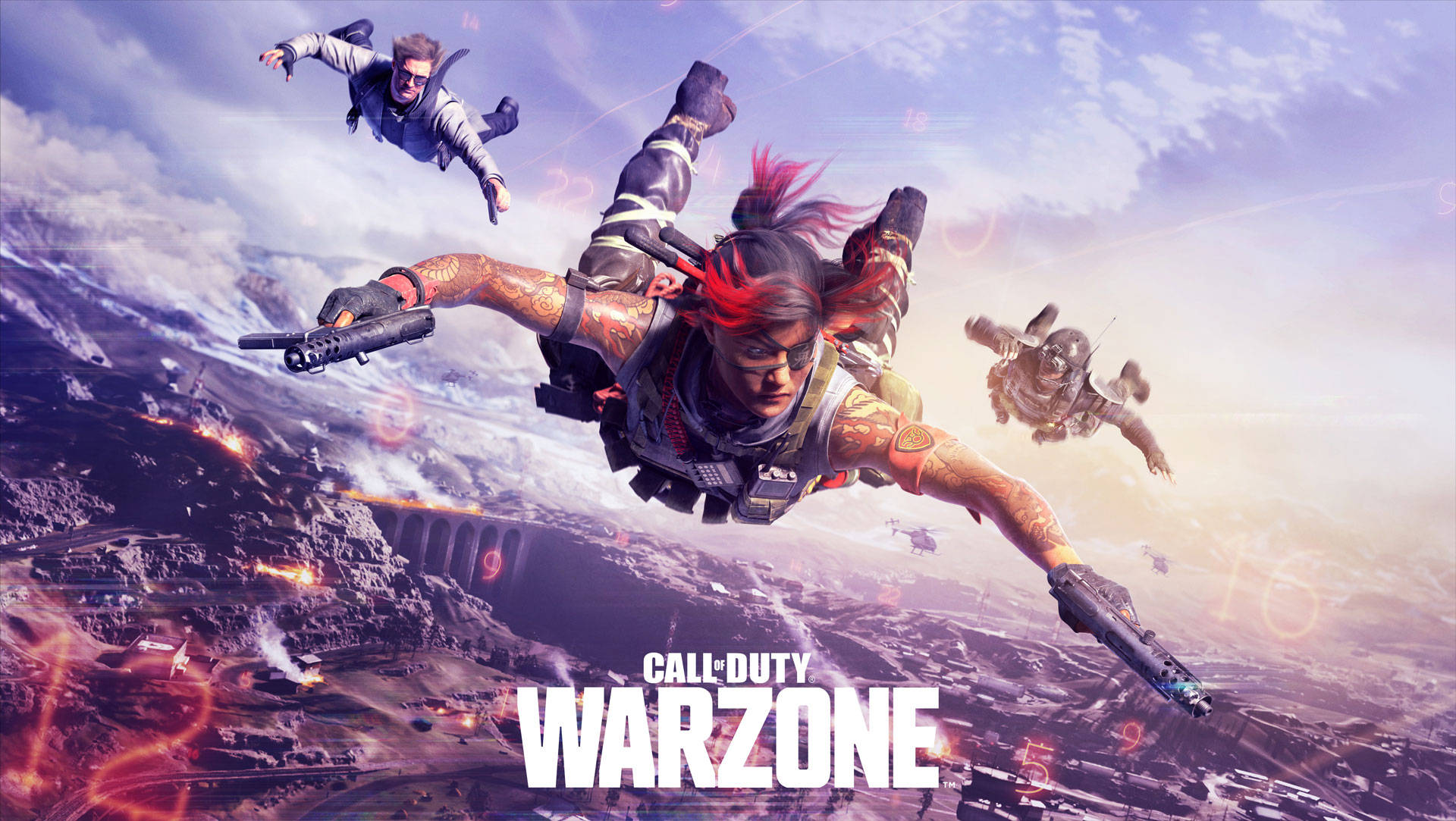 Warzone 桌布 壁紙 — 三名士兵在戰火摧殘的景觀上空跳傘，天空中漂浮著發光的數字。