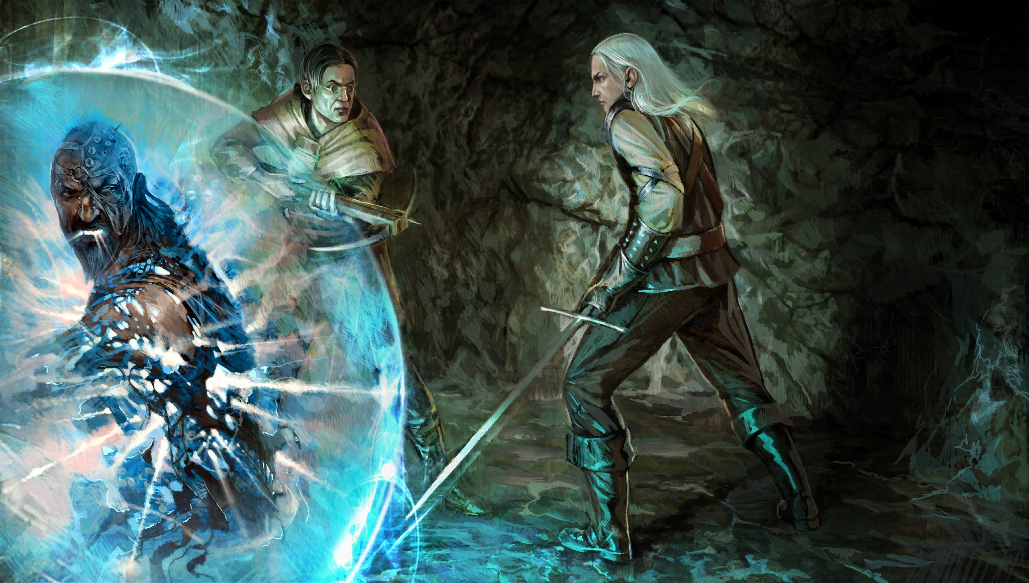 Witcher 桌布 壁紙 — 三名奇幻戰士在黑暗洞穴中交鋒，一人揮舞發光藍色魔法盾牌對抗兩名對手。
