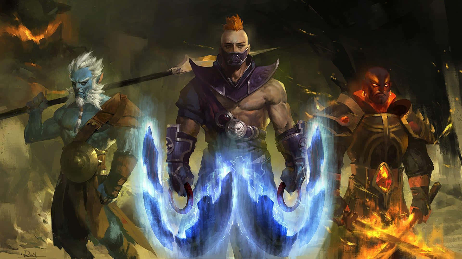 Anti-mage 桌布 壁紙 — 三名奇幻戰士站在黑暗戰場上，一人揮舞藍色閃電，另一人手持火焰劍，第三人握著發光法杖。