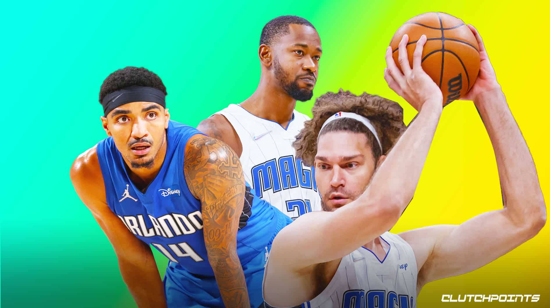 gary harris 桌布 壁紙 — 三名奧蘭多魔術籃球運動員在充滿活力的青綠色和黃色漸變背景前擺出動作姿勢。