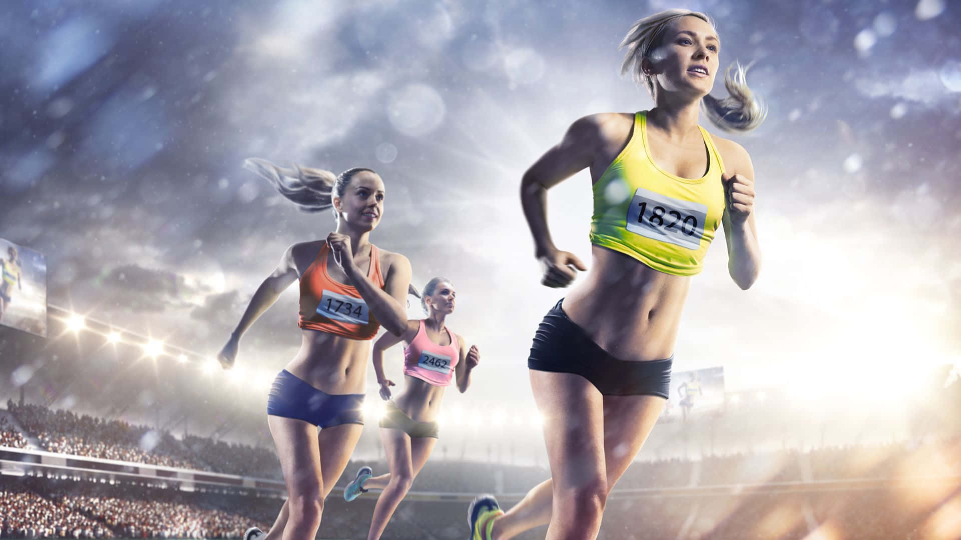 Olympics 桌布 壁紙 — 三名女短跑運動員在明亮的體育場燈光下，在觀眾歡呼聲中激烈競賽。