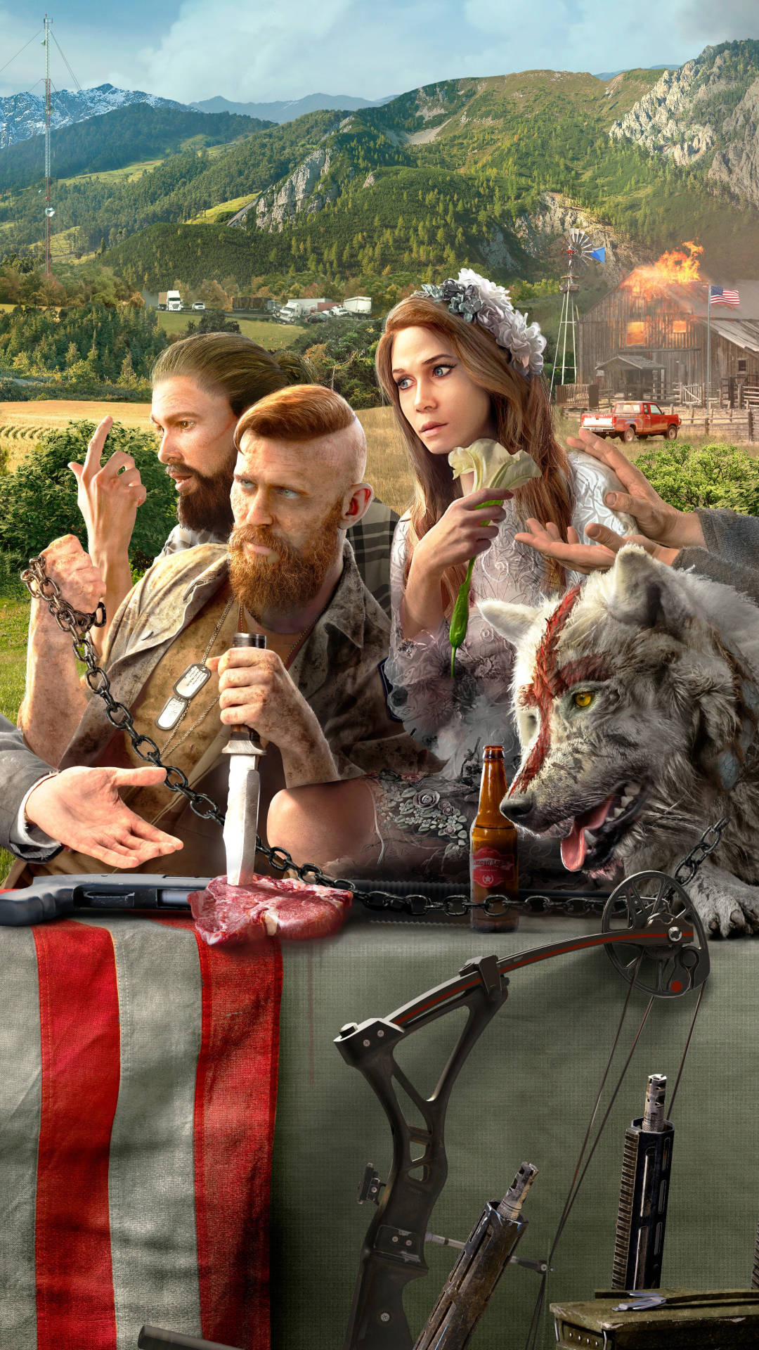 far cry 5 iPhone 桌布 壁紙 — 三名強悍的倖存者和一隻狼坐在一張放有武器、肉類和啤酒的桌子旁，背景是燃燒的農舍。