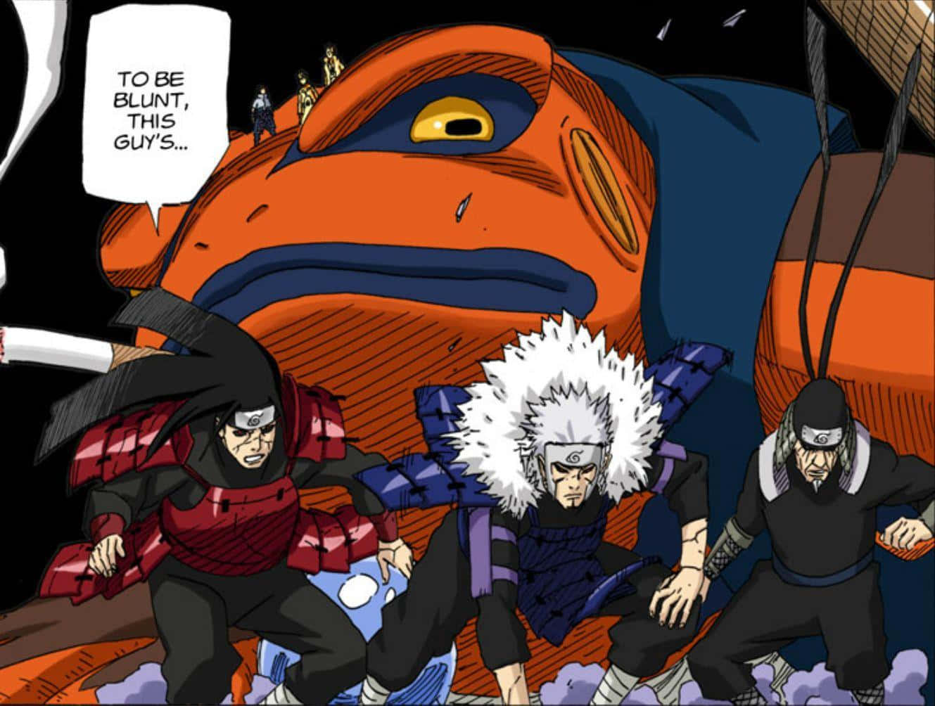 Third Hokage 桌布 壁紙 — 三名忍者戰士以戰鬥姿態面對一隻在黑暗背景中、有一隻黃色眼睛的巨型橙色蟾蜍。