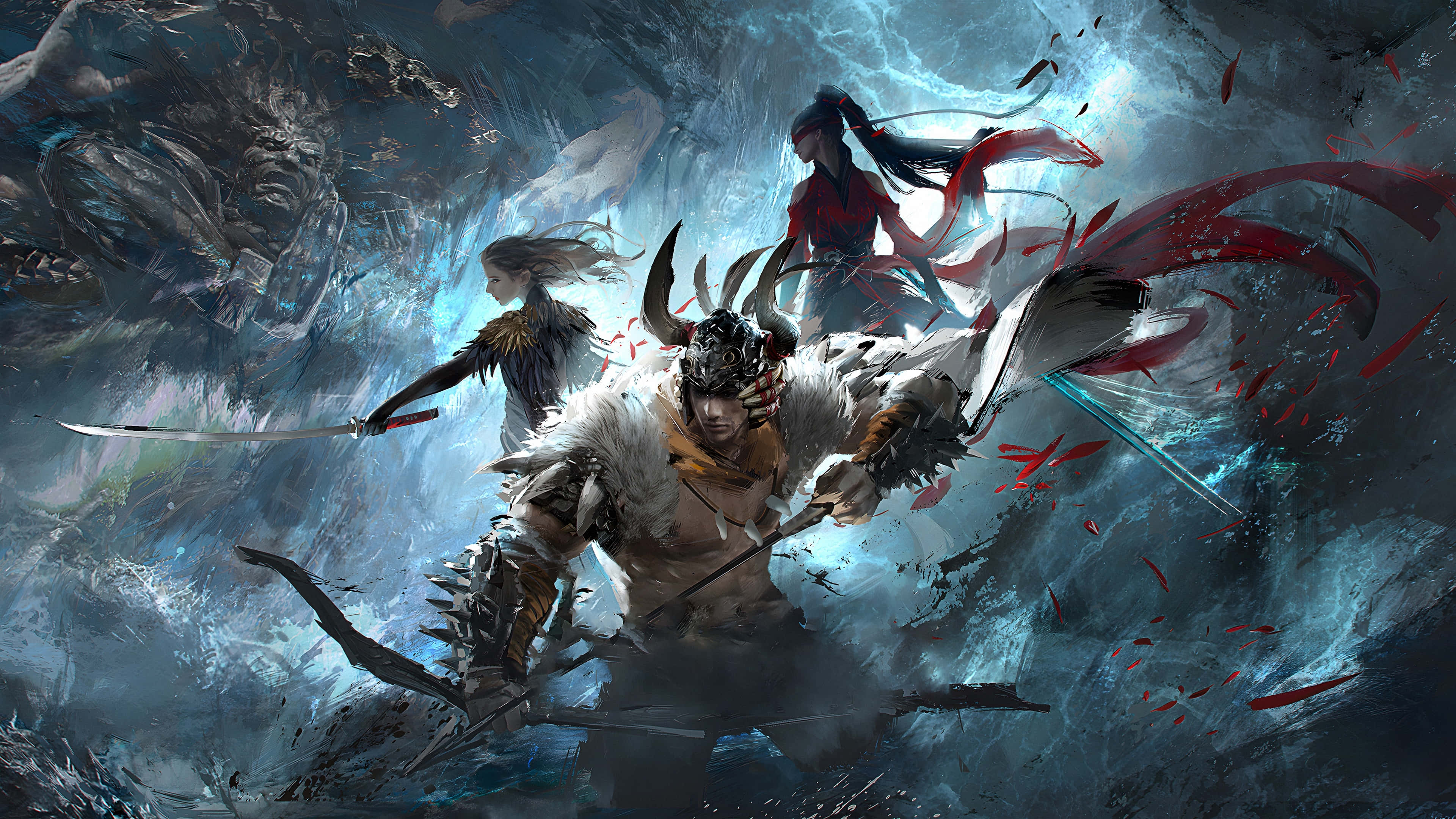 Best Gaming 桌布 壁紙 — 三名戰士在風暴肆虐的冰凍戰場上激烈交鋒，身後有紅色能量痕跡和怪異陰影籠罩。