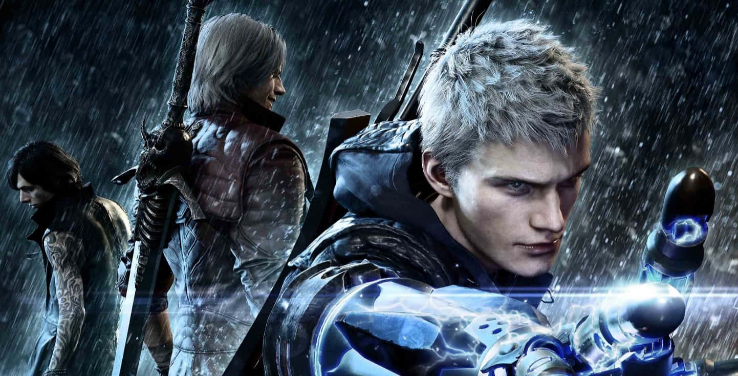 Devil May Cry Characters 桌布 壁紙 — 三名戰士站在被雨水浸透的暴風雨中，一人手持發光的藍色武器，另一人持劍，第三人帶有紋身，全部身穿暗色盔甲。