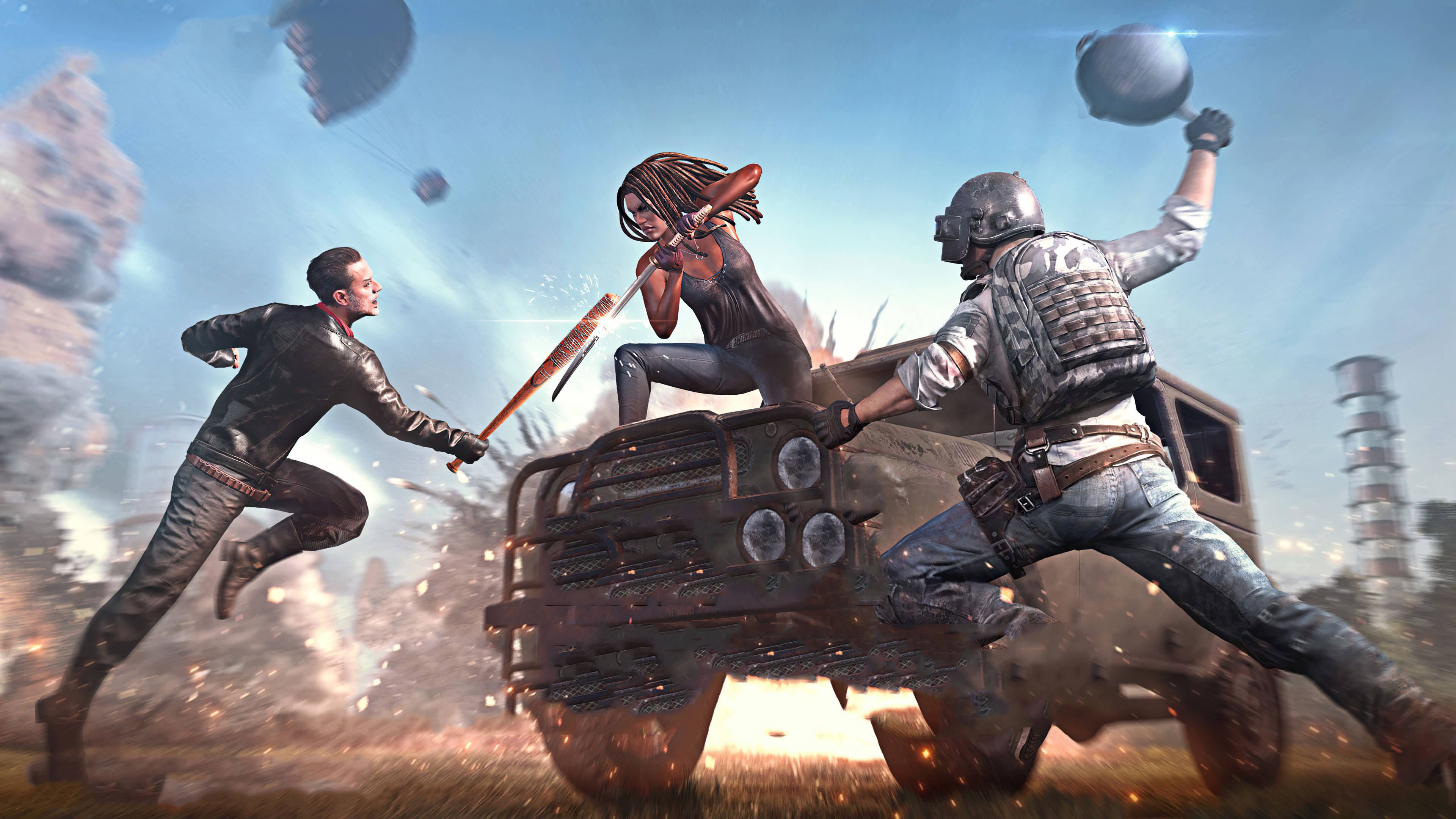 Animated 桌布 壁紙 — 三名戰鬥人員在堅固的軍用車輛周圍激烈戰鬥，爆炸和碎片在混亂的戰場上飛舞。
