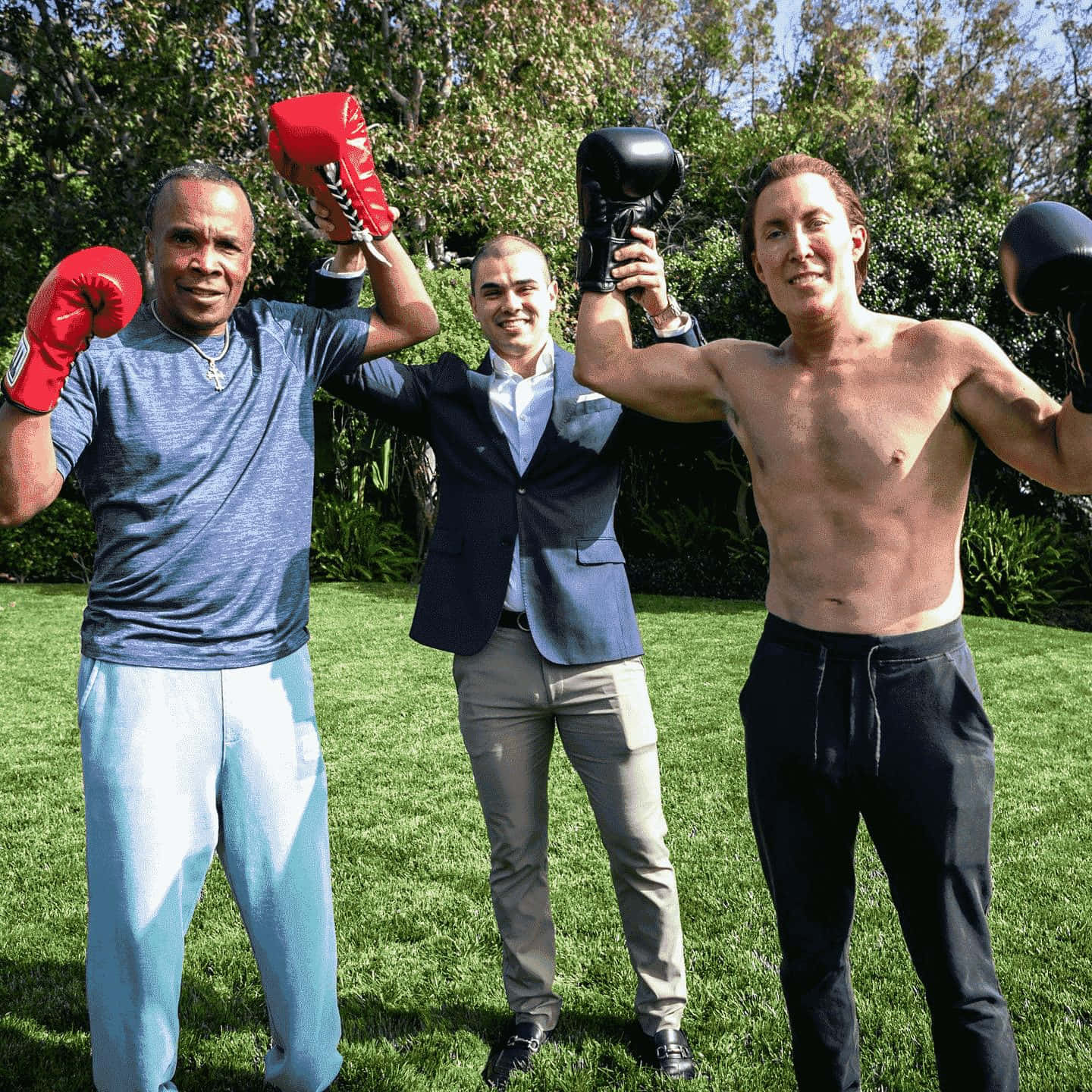 Boxing 桌布 壁紙 — 三名戴著拳擊手套的男子在陽光明媚的草地上勝利地擺姿勢，身後有樹木。