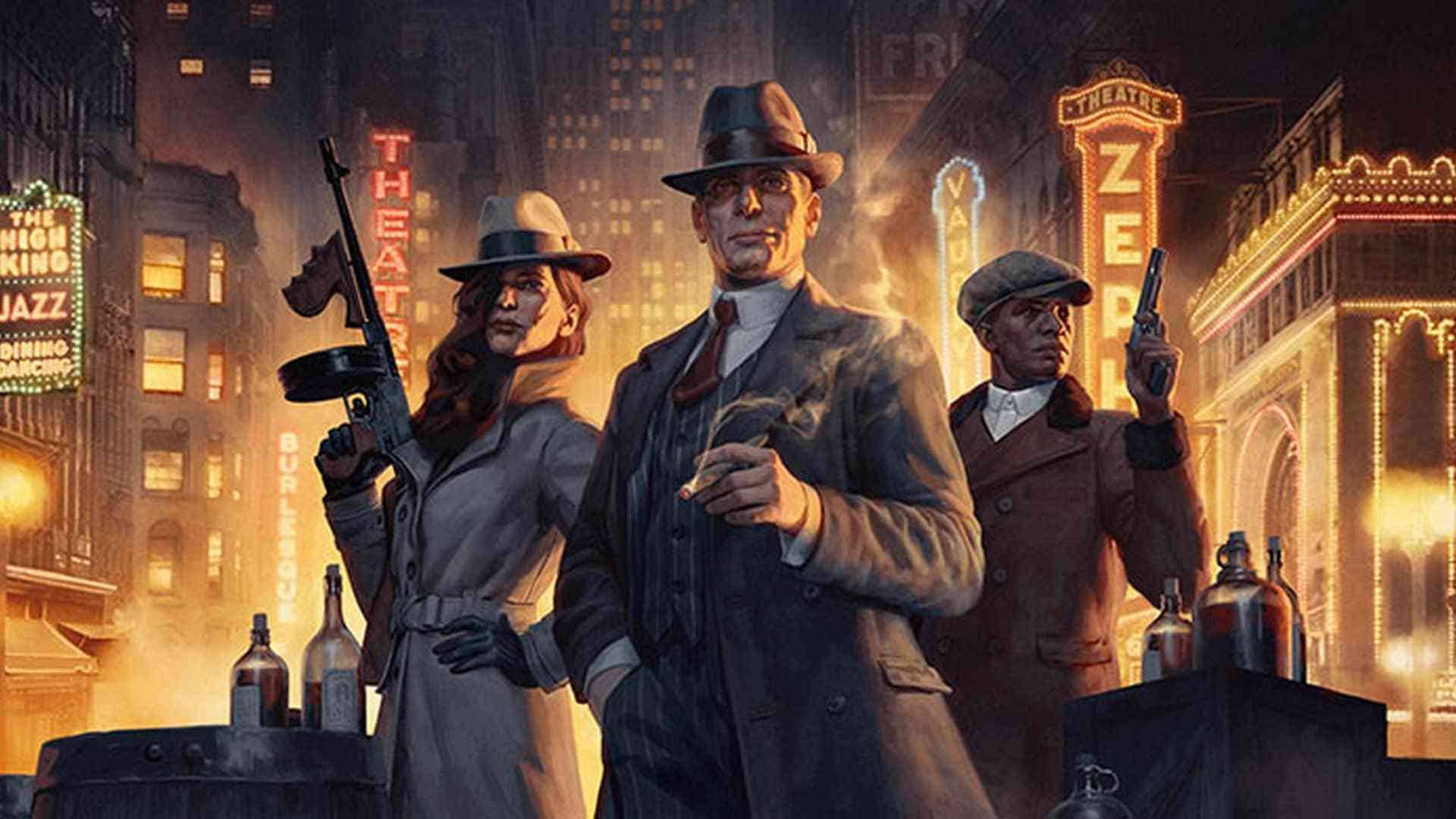 Capone 桌布 壁紙 — 三名戴著紳士帽的武裝幫派分子在夜晚霓虹燈閃爍的1920年代城市街道上挑釁地站立。
