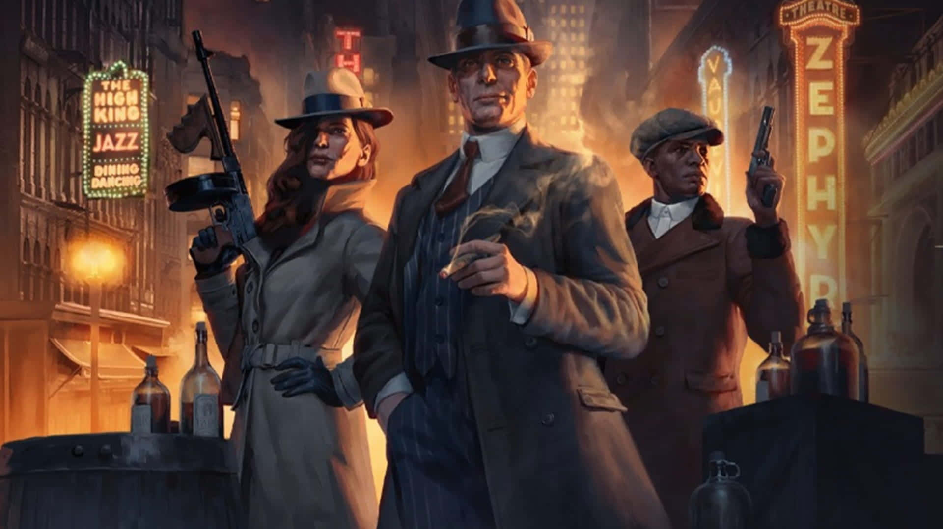 Strategy Games 桌布 壁紙 — 三名戴著紳士帽的武裝黑幫在夜晚霓虹燈閃爍的1920年代街道上，伴隨著發光的劇院招牌，威嚇地站立。