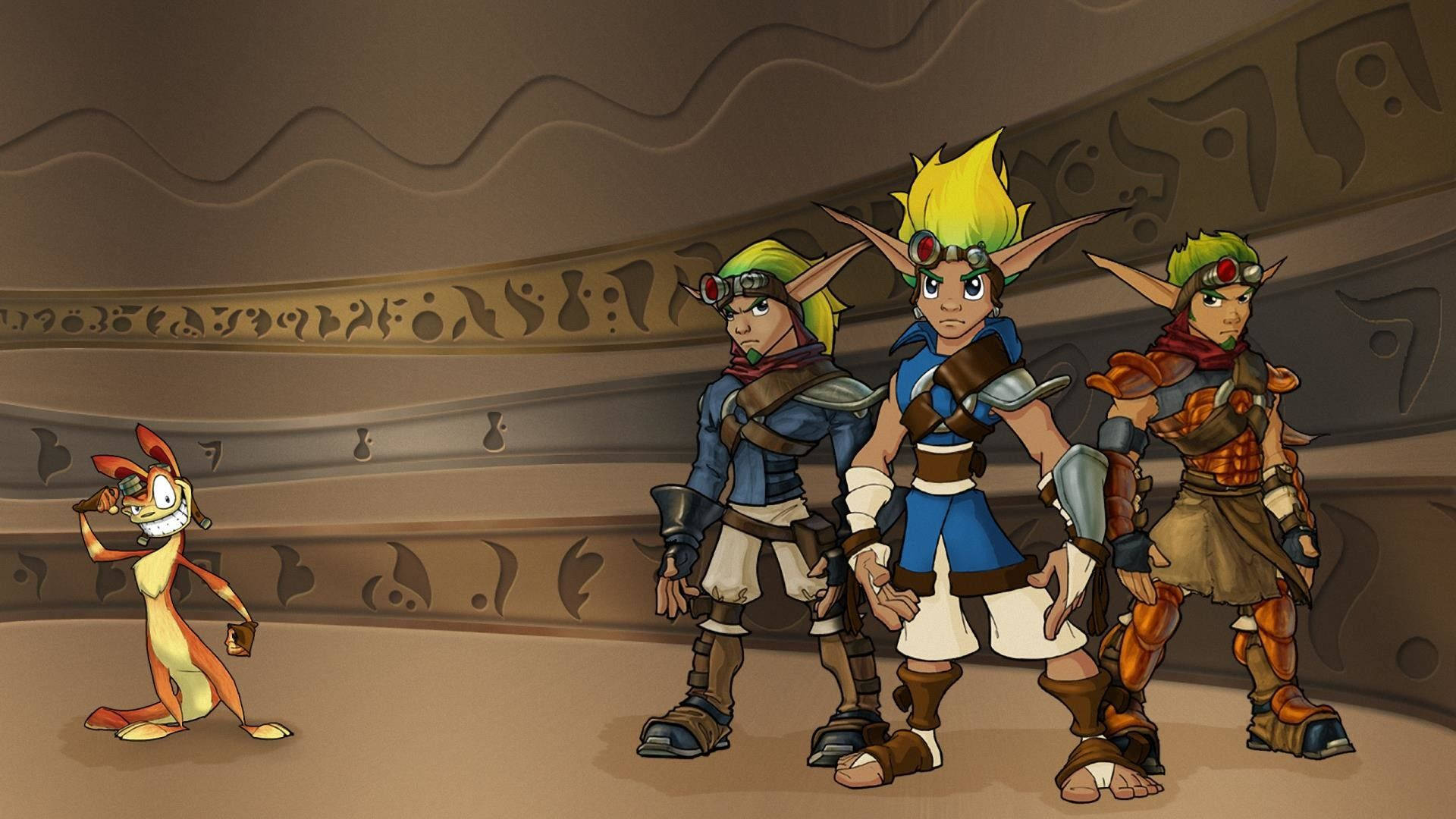 jak 2 桌布 壁紙 — 三名戴護目鏡和盔甲的妖精冒險者站在一個雕刻石室中，旁邊有一隻橙色小生物。