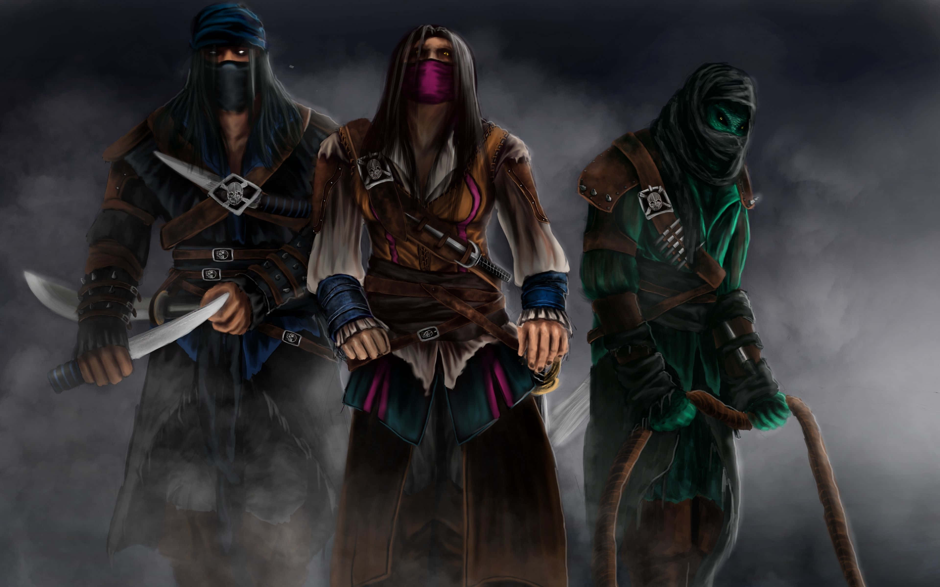 Mortal Kombat Reptile 桌布 壁紙 — 三名戴面具的刺客身穿黑色斗篷，站在迷霧陰影中揮舞劍與匕首。