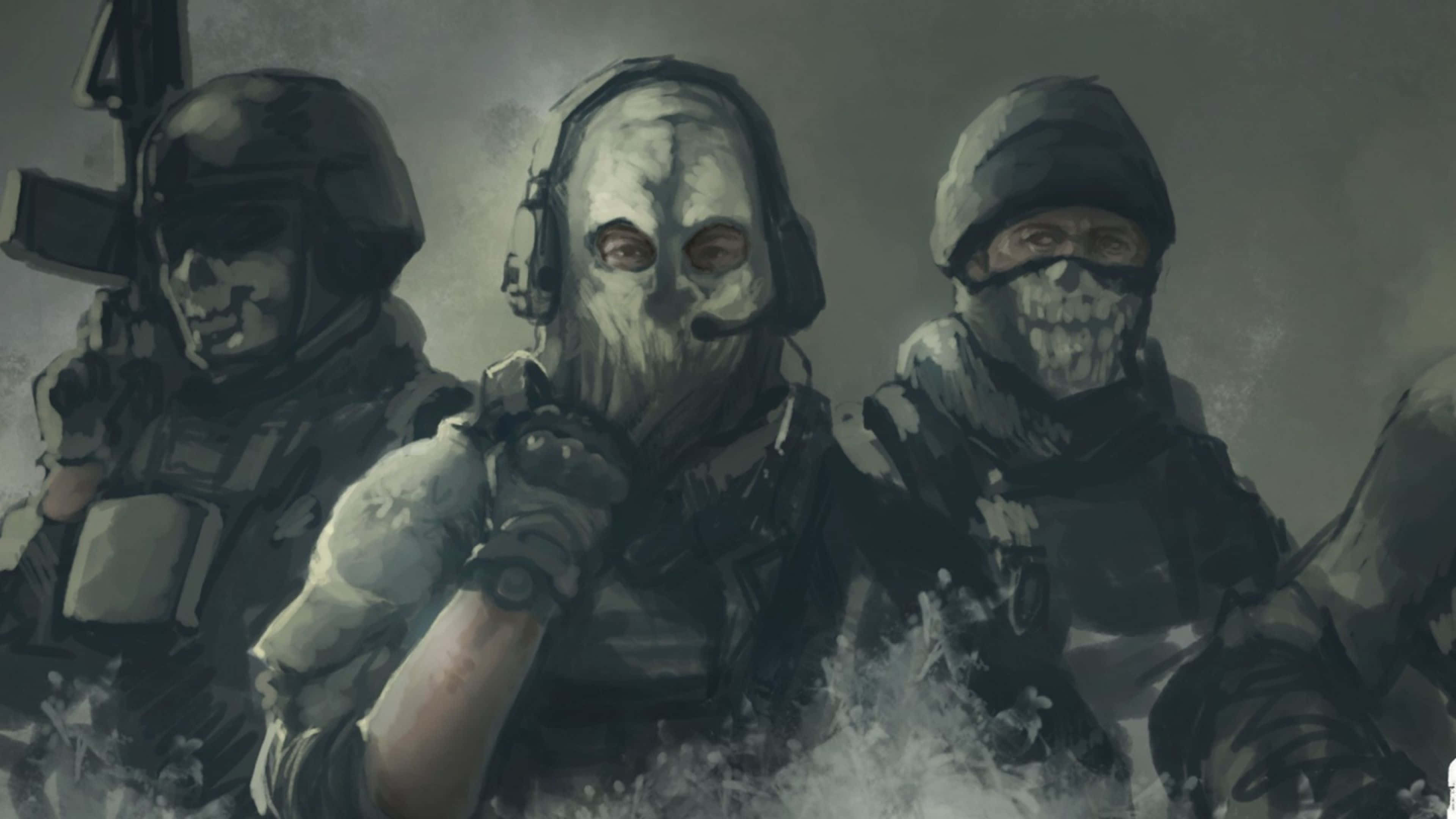 Warzone 桌布 壁紙 — 三名戴面具的士兵身穿戰術裝備，站在灰塵彌漫、煙霧繚繞的環境中，色調柔和，燈光戲劇化。