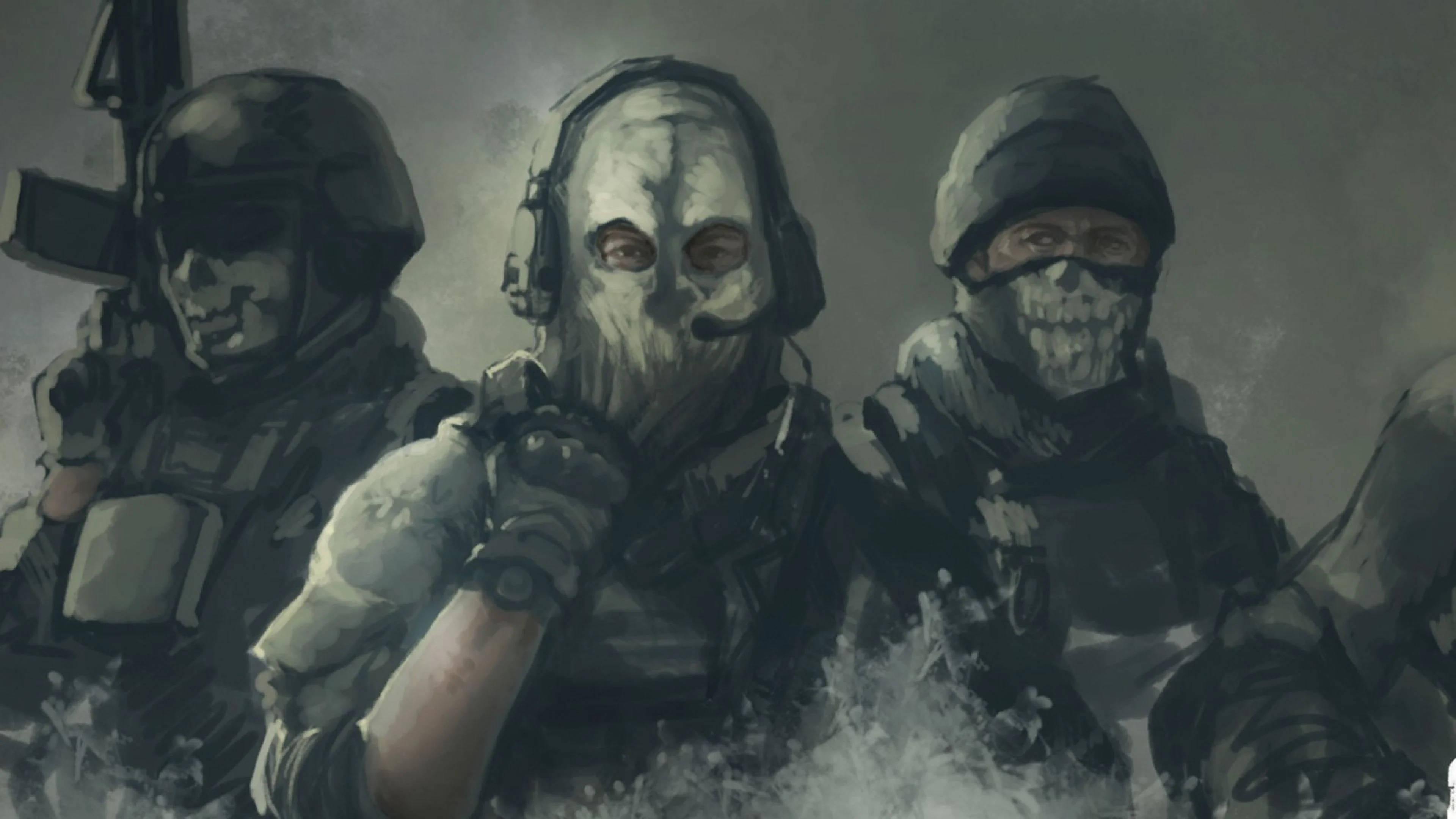 Warzone 桌布 壁紙 — 三名戴面具的士兵身穿戰術裝備，站在灰塵瀰漫、煙霧繚繞的戰場上，色調以柔和的灰色和綠色為主。