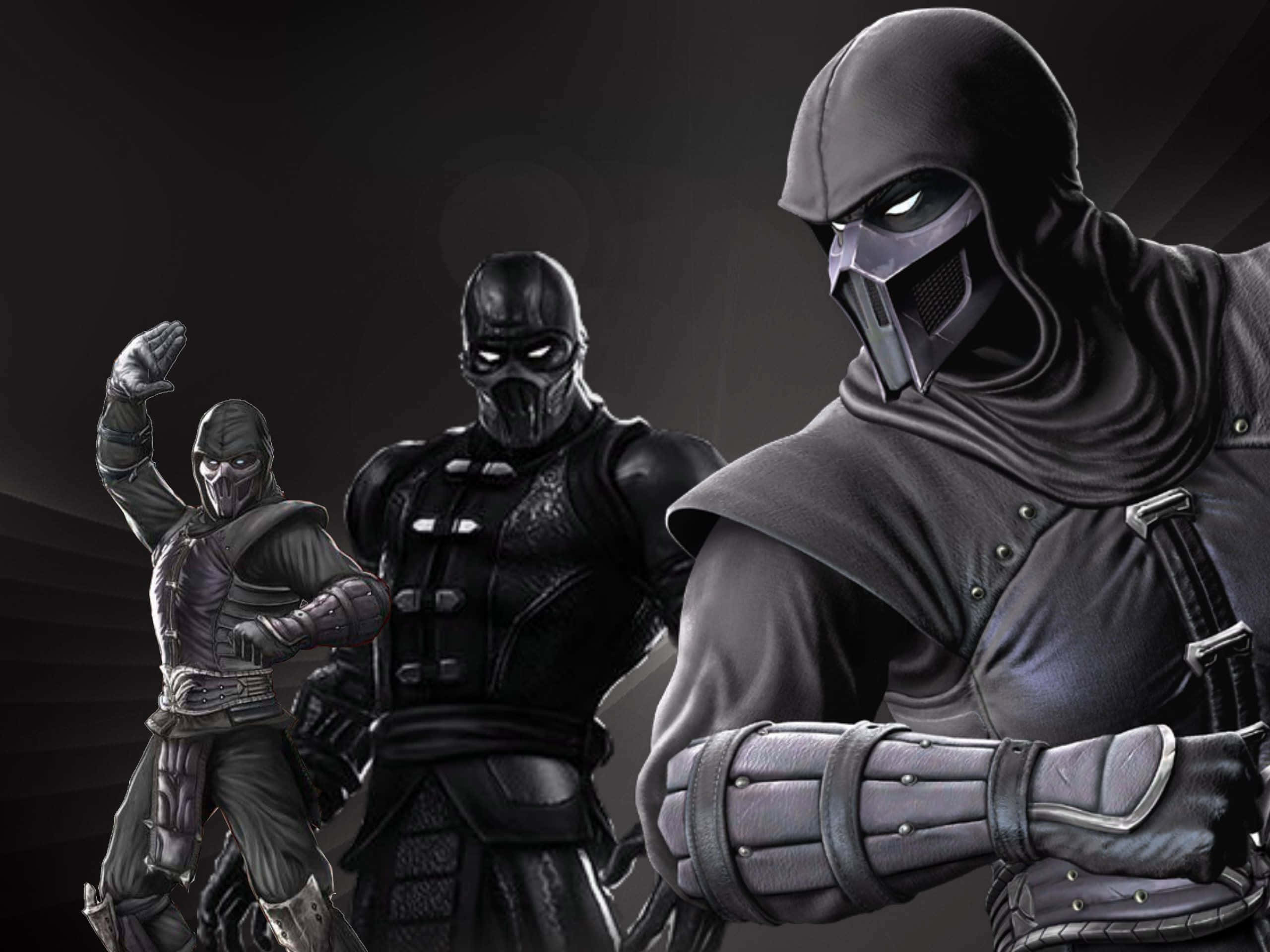 Mortal Kombat Noob Saibot 桌布 壁紙 — 三名戴面具的忍者戰士身穿暗色盔甲，在陰影背景前擺出戲劇性的姿勢。