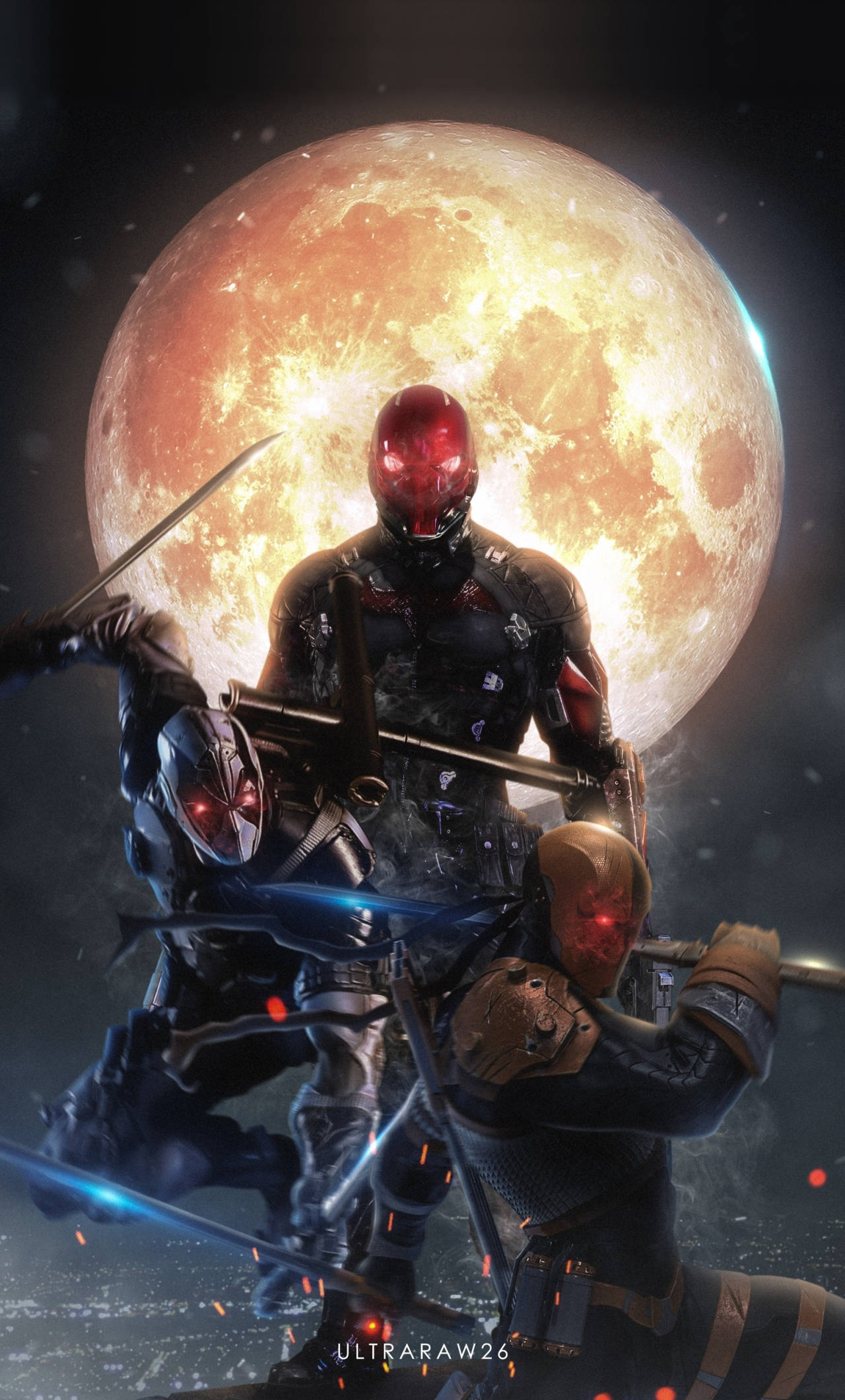 Comics 桌布 壁紙 — 三名戴面具的戰士身穿黑色盔甲，在巨大的火月前用發光的劍交鋒。