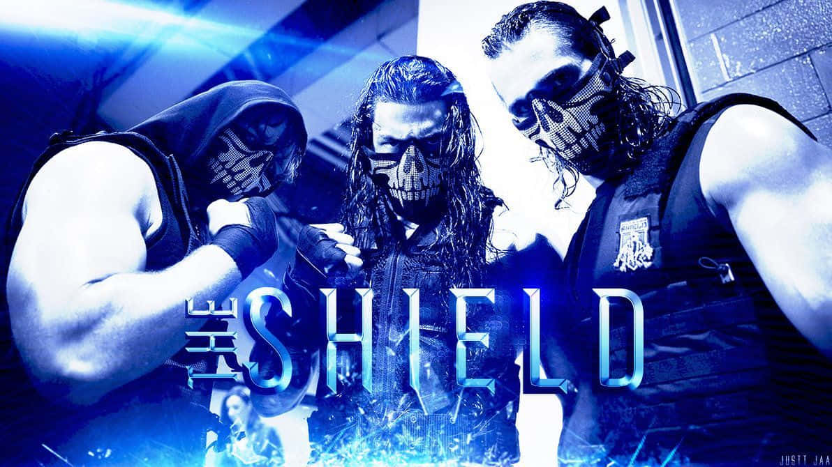 Cool WWE 桌布 壁紙 — 三名戴面具的摔角手身穿戰術裝備，在藍色霓虹燈下威嚇地站立，前方有發光的「THE SHIELD」字樣。