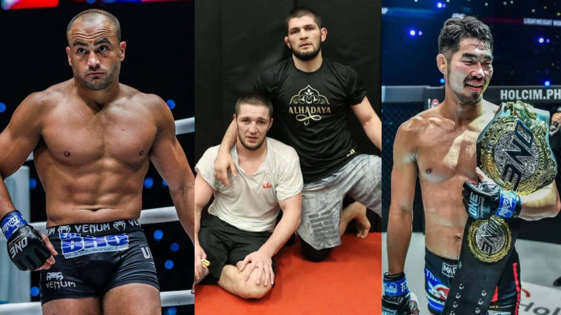 UFC 桌布 壁紙 — 三名拳擊手在拳擊台上，一人擺出強烈姿勢，另一人與教練坐在一起，第三人手持冠軍腰帶，臉上帶血。