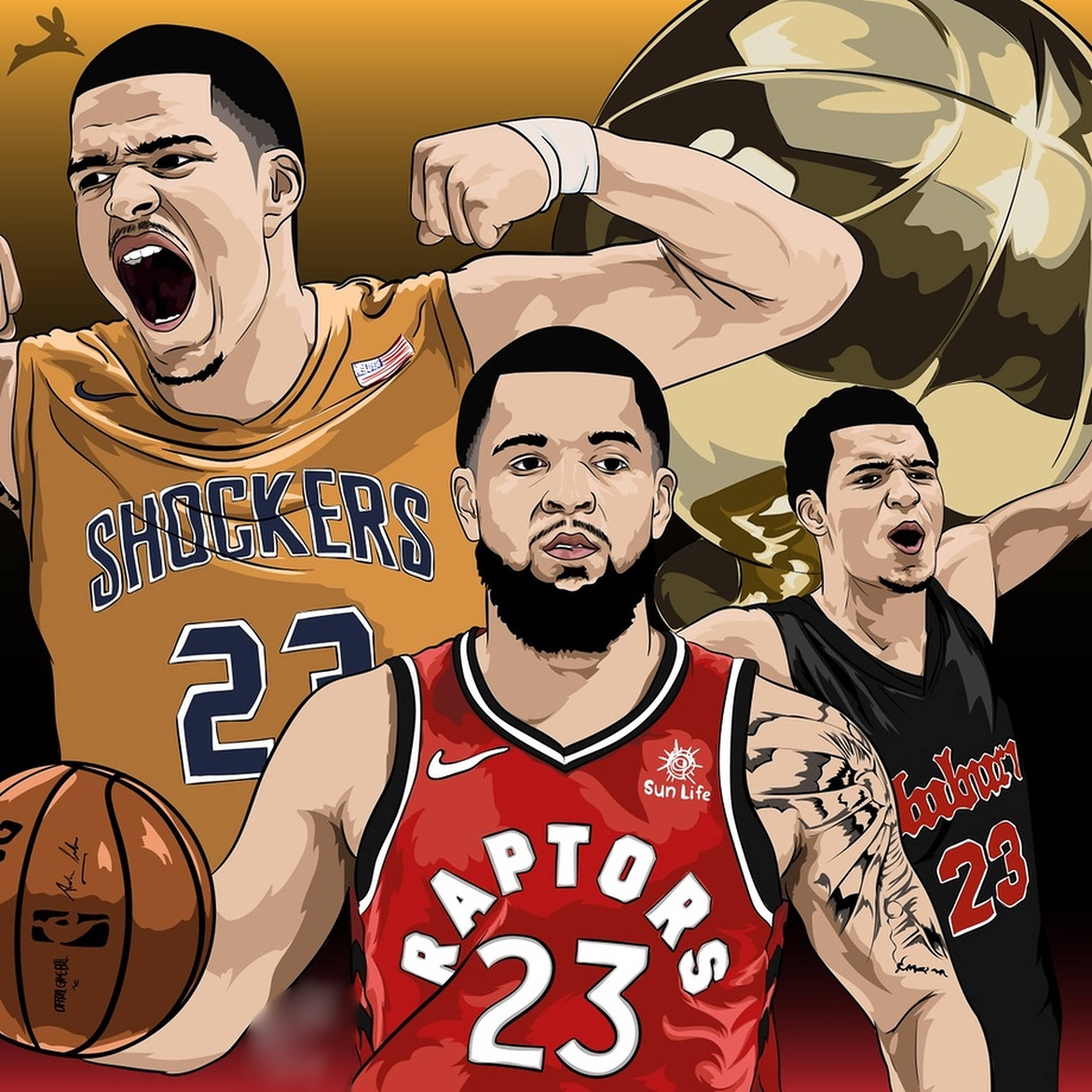 Fred Vanvleet 桌布 壁紙 — 三名插圖風格的籃球運動員以動作姿勢與冠軍獎盃和球在金色背景上。