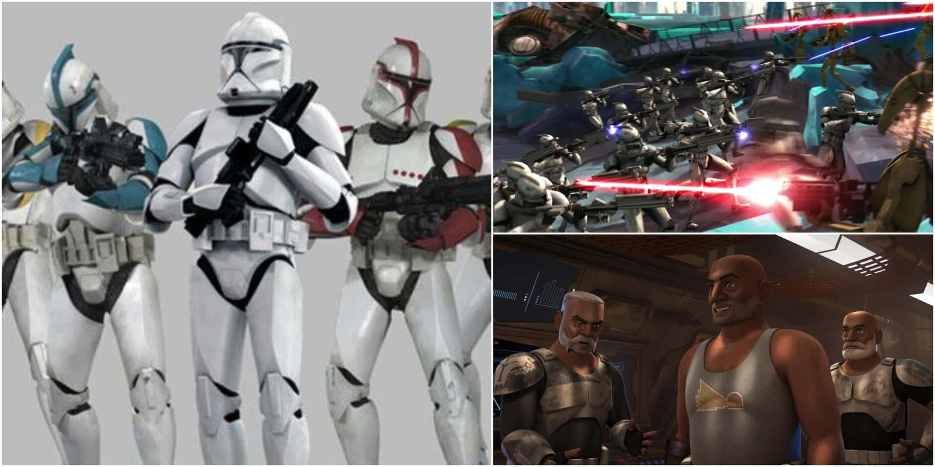 The Clone Army 桌布 壁紙 — 三名星際大戰的複製人士兵在戰艦內部列隊，旁邊是戰鬥場景，有爆能槍射擊和一組裝甲角色。