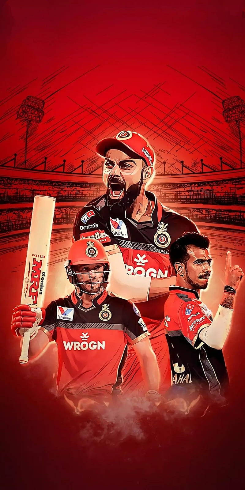 royal challengers bangalore 桌布 壁紙 — 三名板球運動員在火紅的體育場背景下擺出動作姿勢，配以戲劇性的燈光。