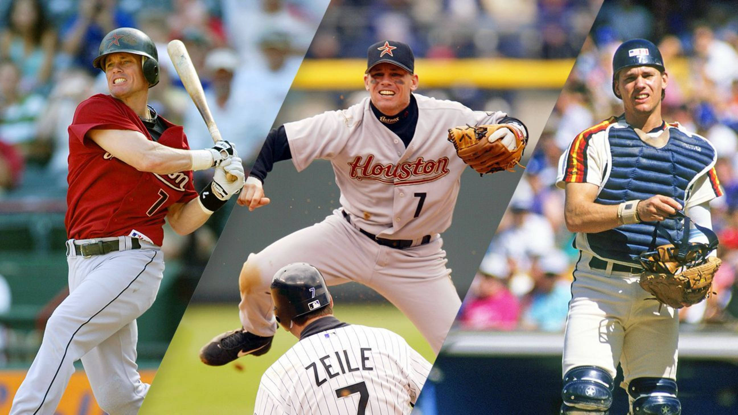 Craig Biggio 桌布 壁紙 — 三名棒球運動員在比賽中：打者揮棒、捕手蹲下、外野手飛撲，在陽光明媚的比賽中。