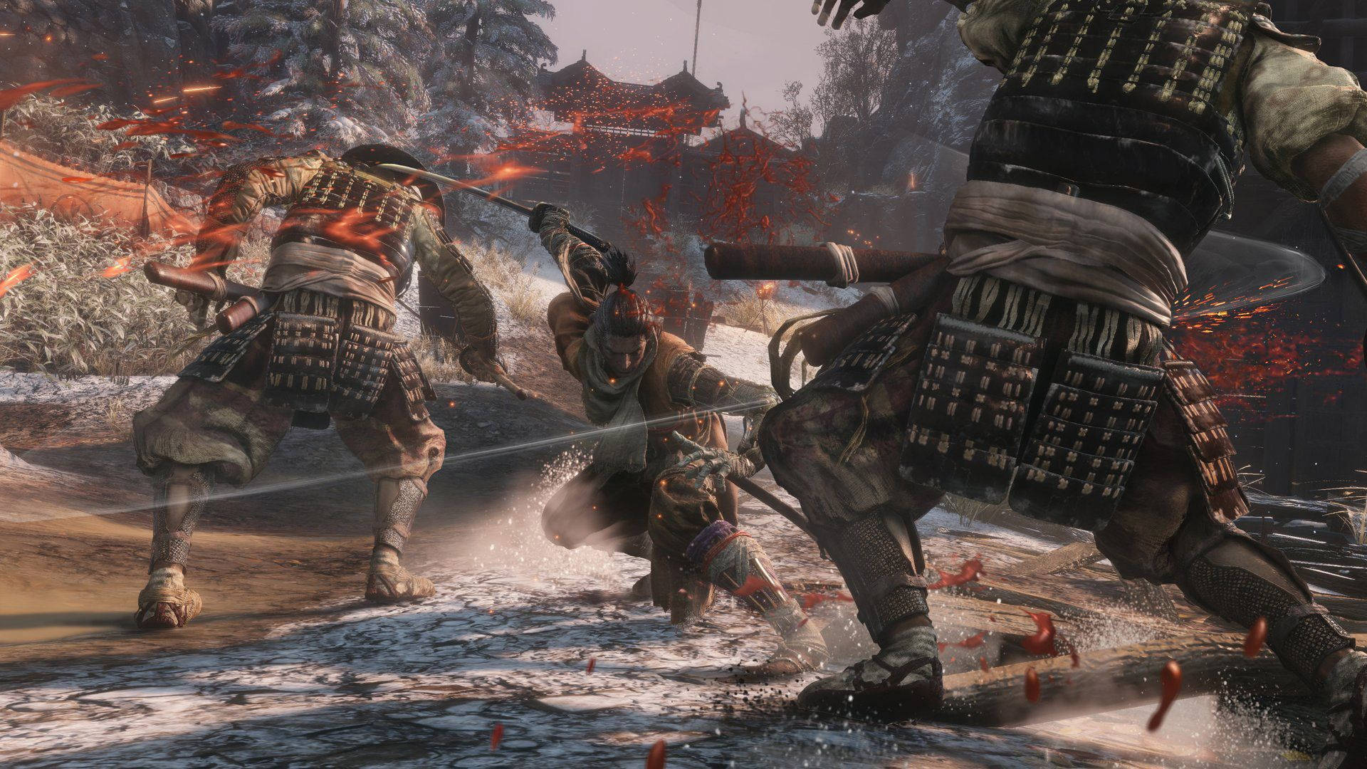 武士戰士在雪地戰場上戰鬥，鮮血飛濺。 — 隻狼：暗影雙死 壁紙