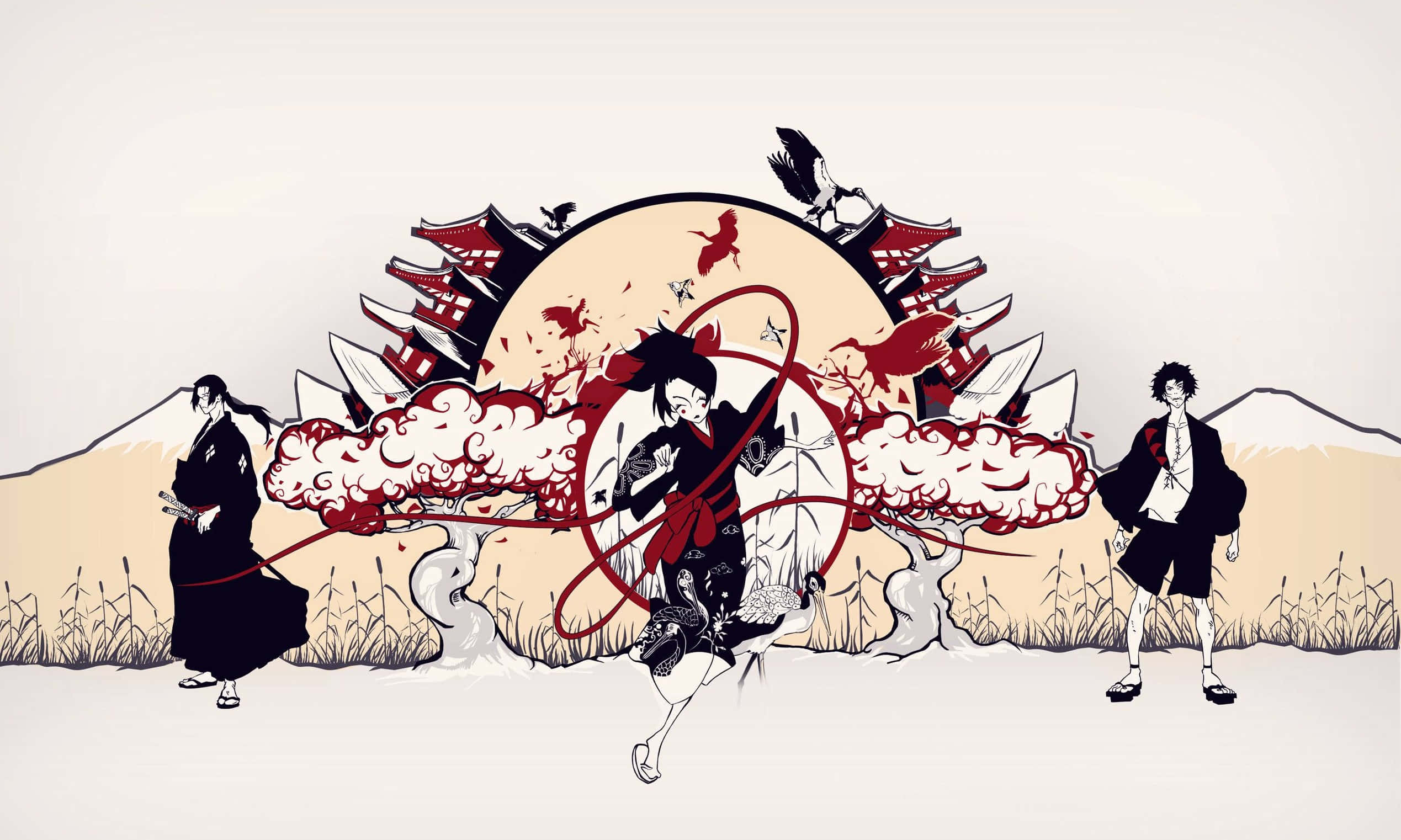 Samurai Champloo 桌布 壁紙 — 三名武士戰士在風格化的太陽、紅色能量爆發和傳統日本建築背景下戲劇性地衝突。
