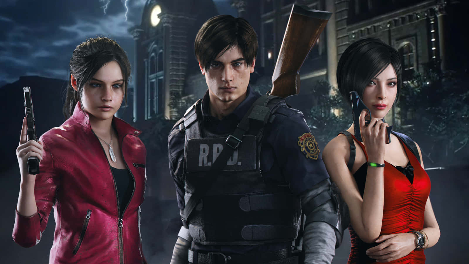 Resident Evil 2 桌布 壁紙 — 三名武裝倖存者在暴風雨的夜晚城市景觀中挑釁地站立，準備迎接恐怖。