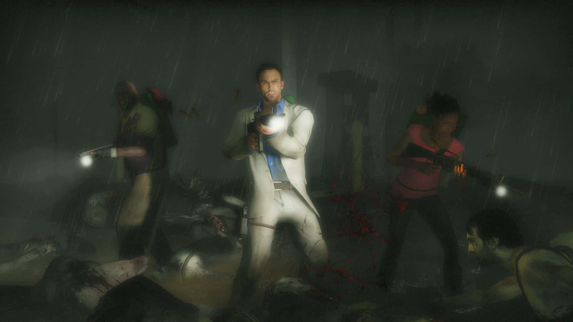 Left 4 Dead Characters 桌布 壁紙 — 三名武裝倖存者在雨中濕透的殭屍末日中奮戰，手電筒的光芒劃破黑暗。