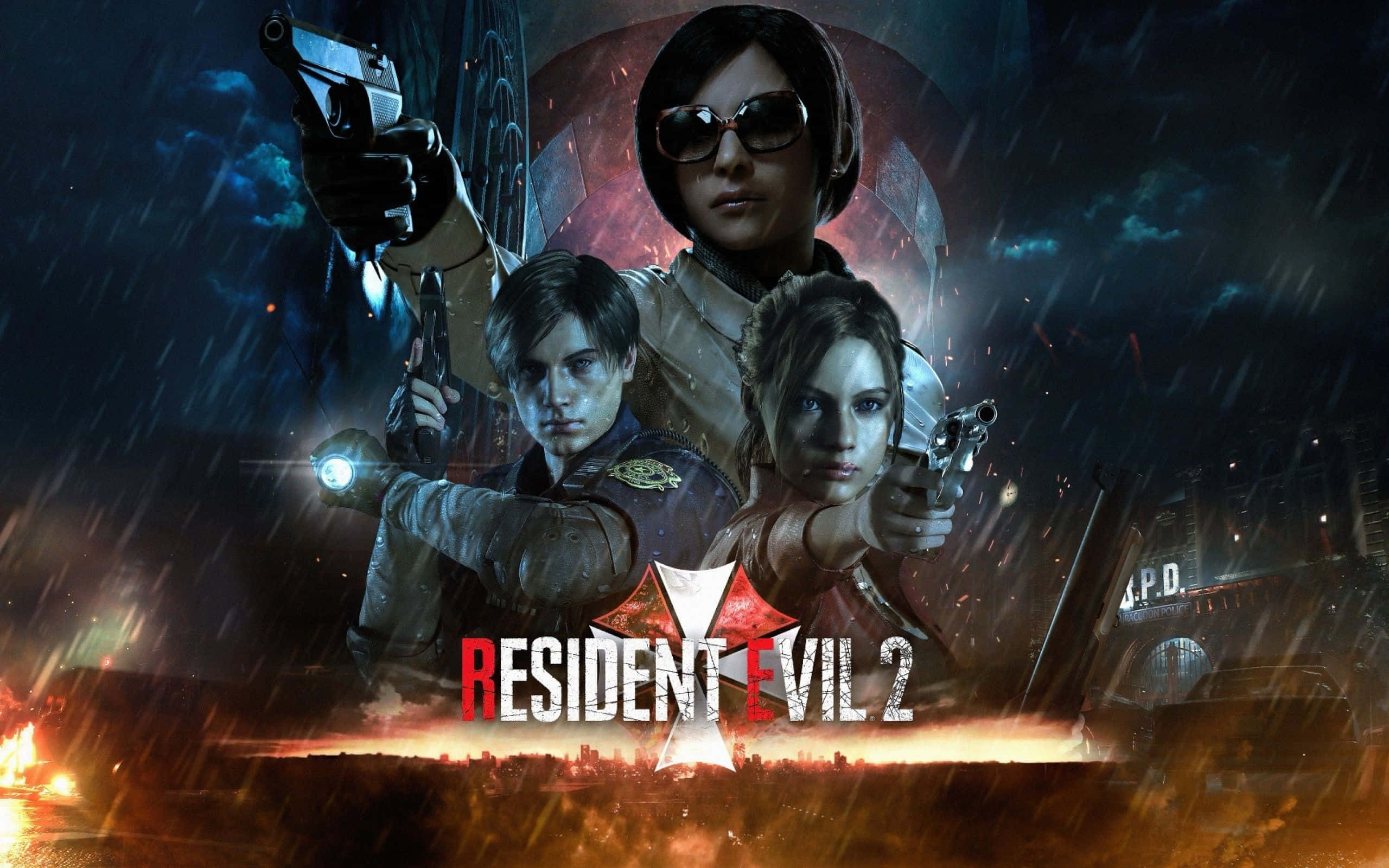 Horror Games 桌布 壁紙 — 三名武裝倖存者在雨淋的廢墟城市景觀中，在黑暗暴風雨的天空下，下方有熾熱的爆炸，挑釁地站立。