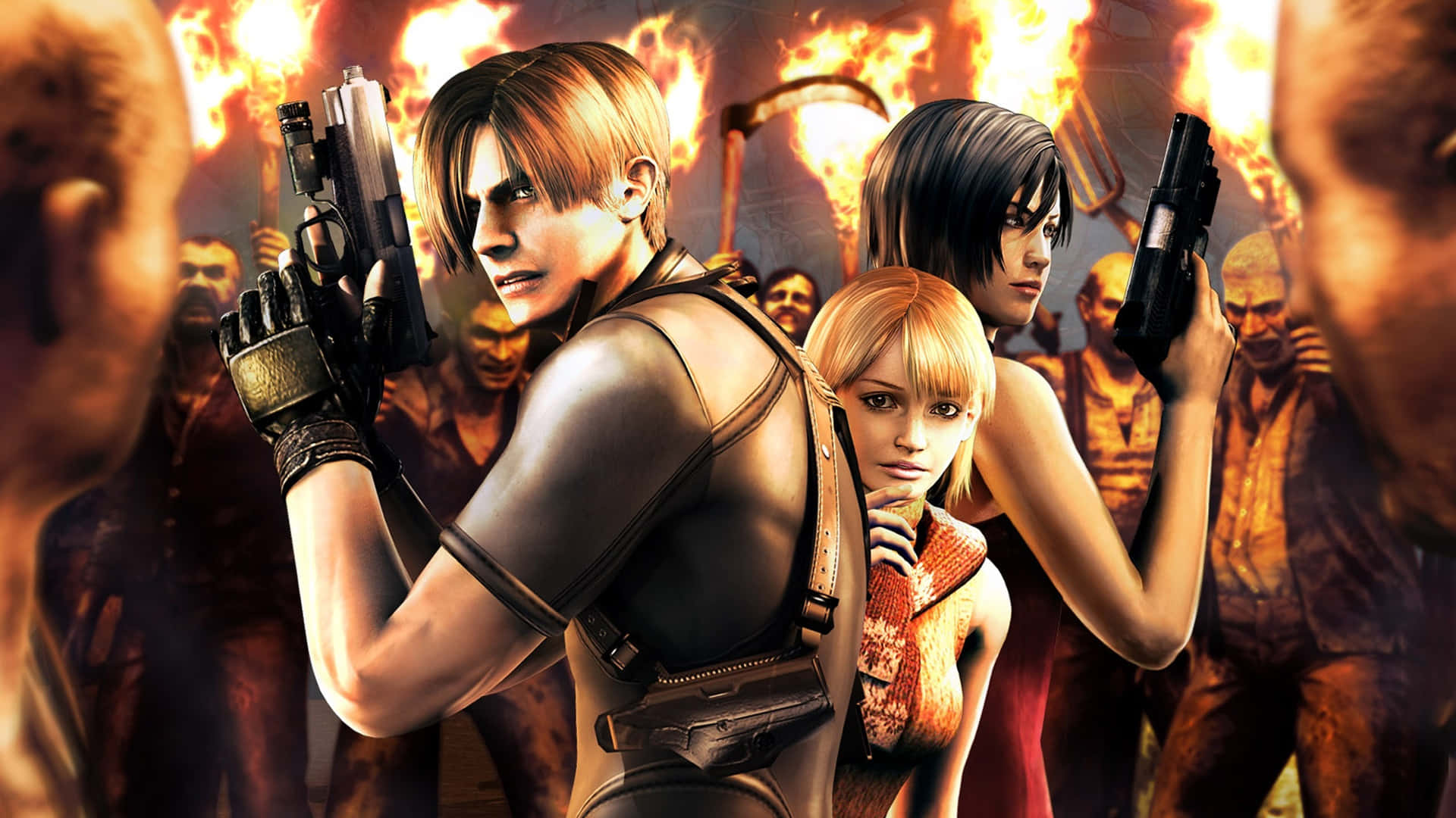 Resident Evil Characters 桌布 壁紙 — 三名武裝倖存者站在咆哮的火焰和成群怪誕殭屍的背景前，表現出挑釁的姿態。