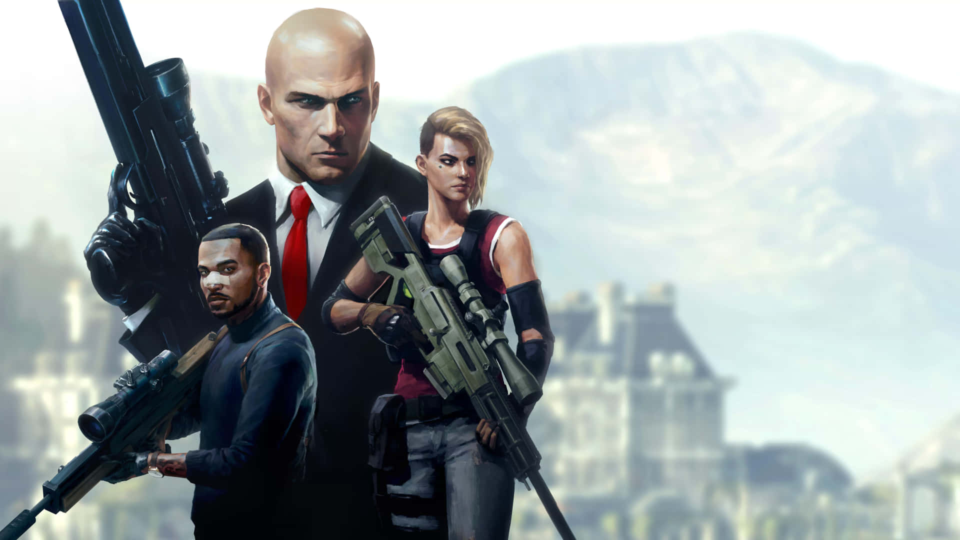 Hitman Desktop 桌布 壁紙 — 三名武裝刺客站在煙霧瀰漫的山城，背景是一座宏偉的建築。