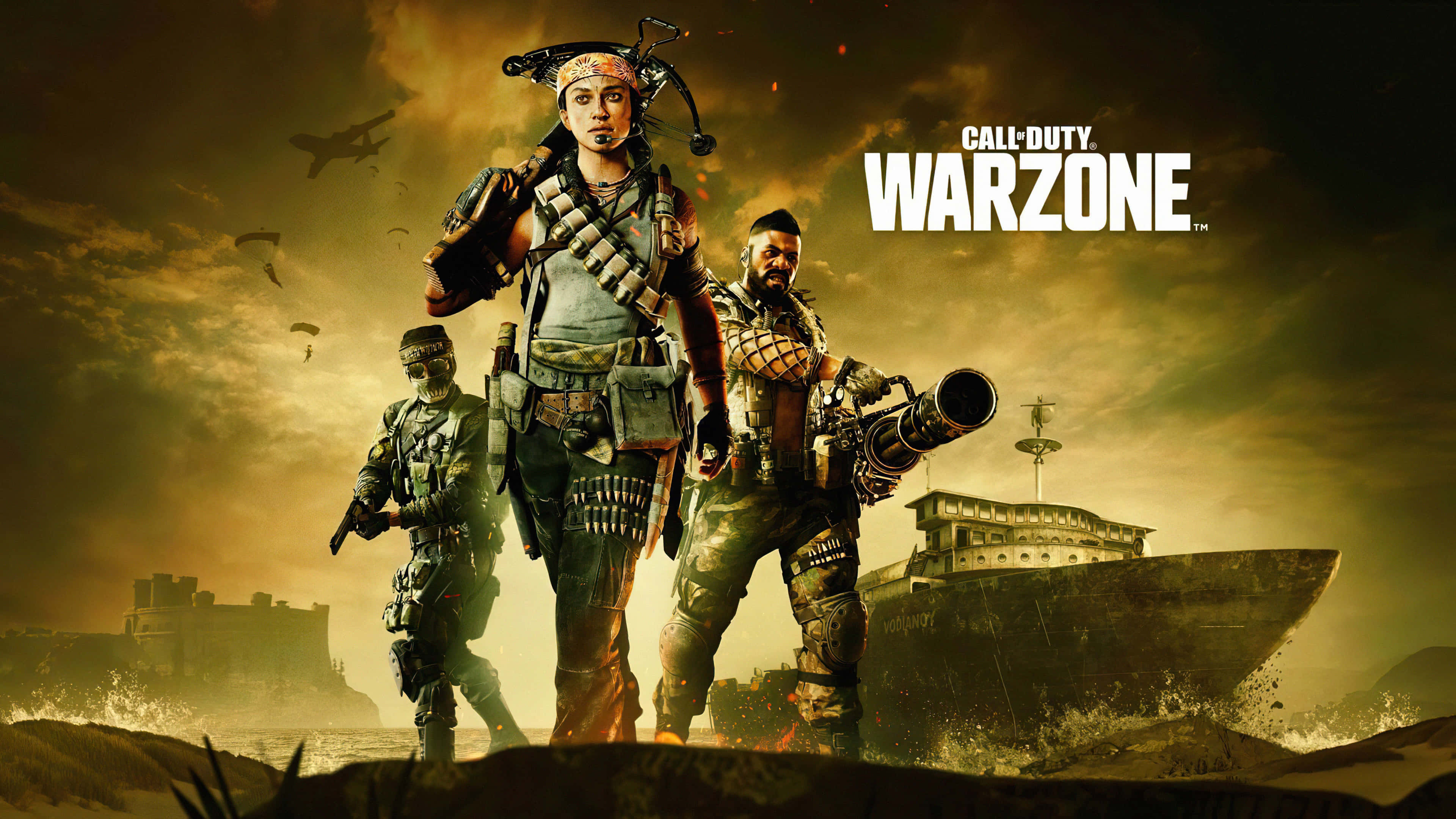 games 桌布 壁紙 — 三名武裝士兵在戰火摧殘的海灘上堅定站立，戰機在頭頂飛過，一艘船在暴風雨中沉沒。