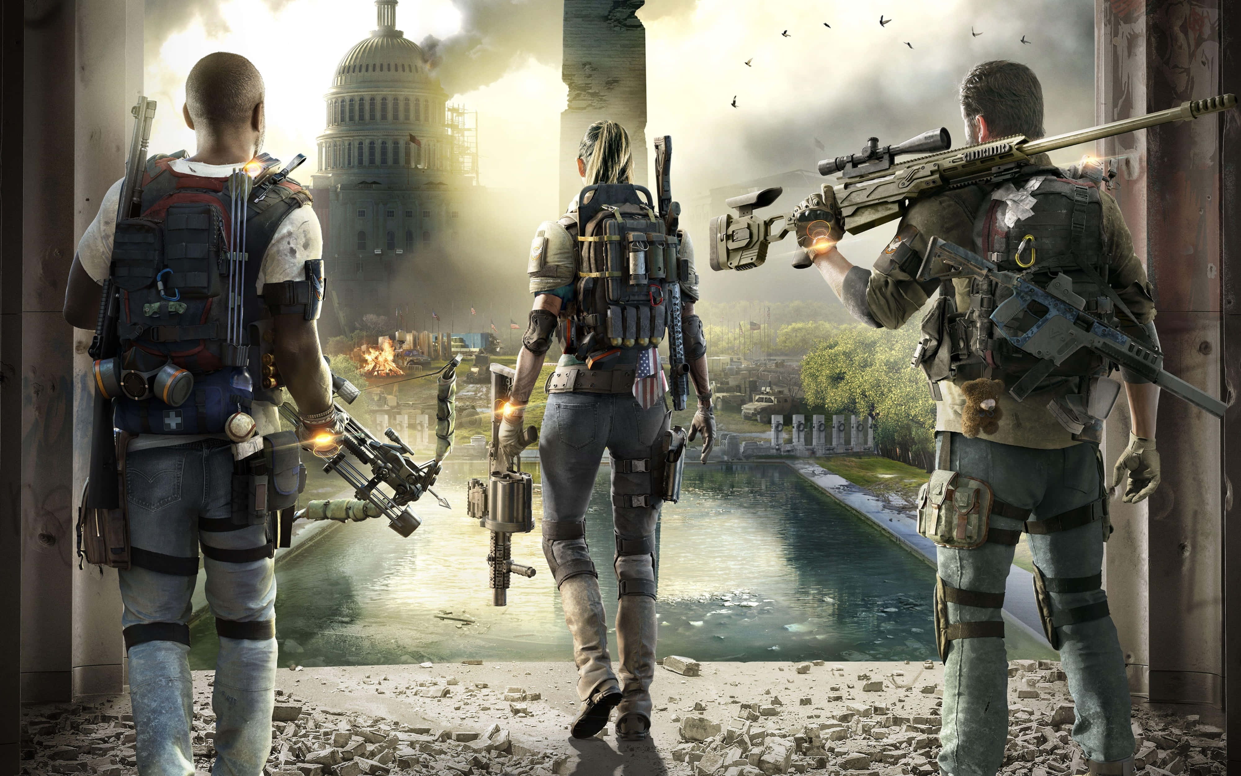 The Division 2 4K 桌布 壁紙 — 三名武裝士兵站在廢墟中的門口，面對著被戰爭摧毀的華盛頓特區，遠處的國會大廈正在燃燒。