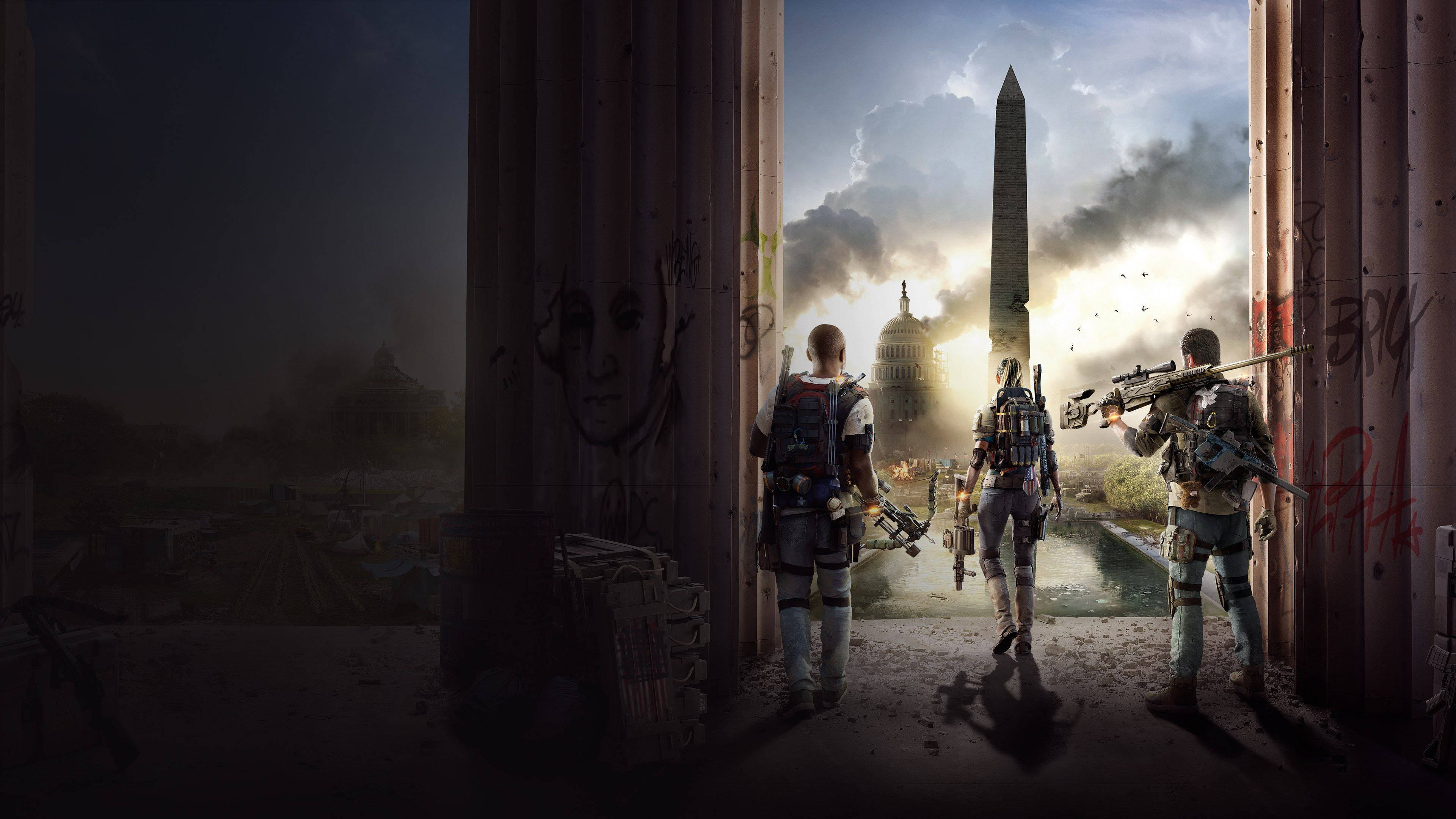 Division 桌布 壁紙 — 三名武裝士兵站在廢墟門口，眺望煙霧瀰漫的天空下，國會大廈和華盛頓紀念碑所在的戰火摧殘的華盛頓特區。