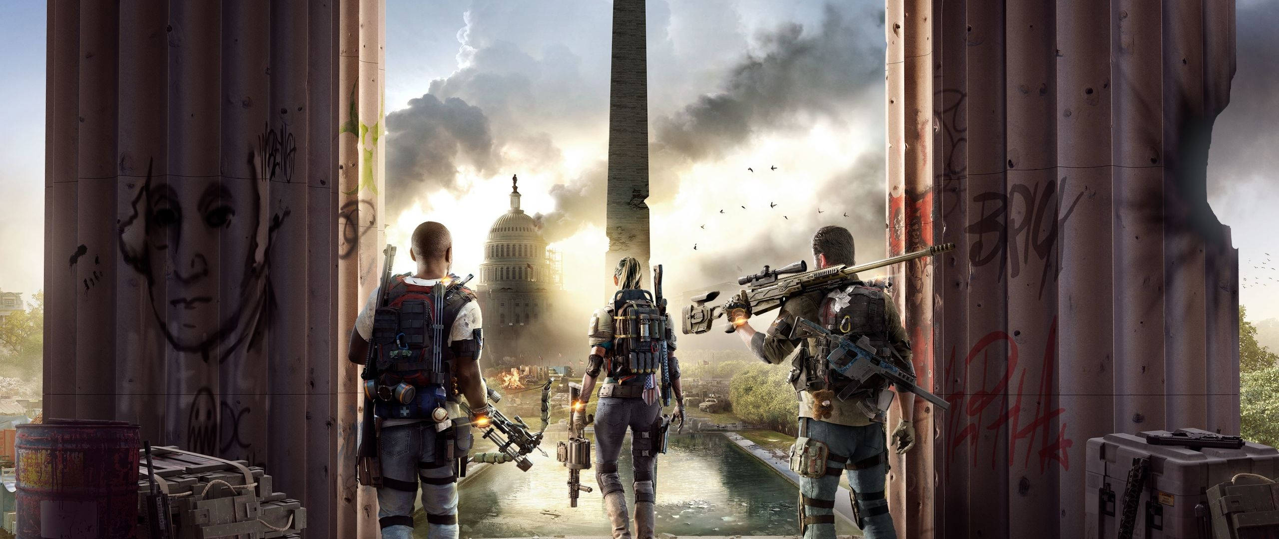Division 桌布 壁紙 — 三名武裝士兵站在破損的門口，俯瞰煙霧瀰漫的華盛頓特區，國會大廈已成廢墟。