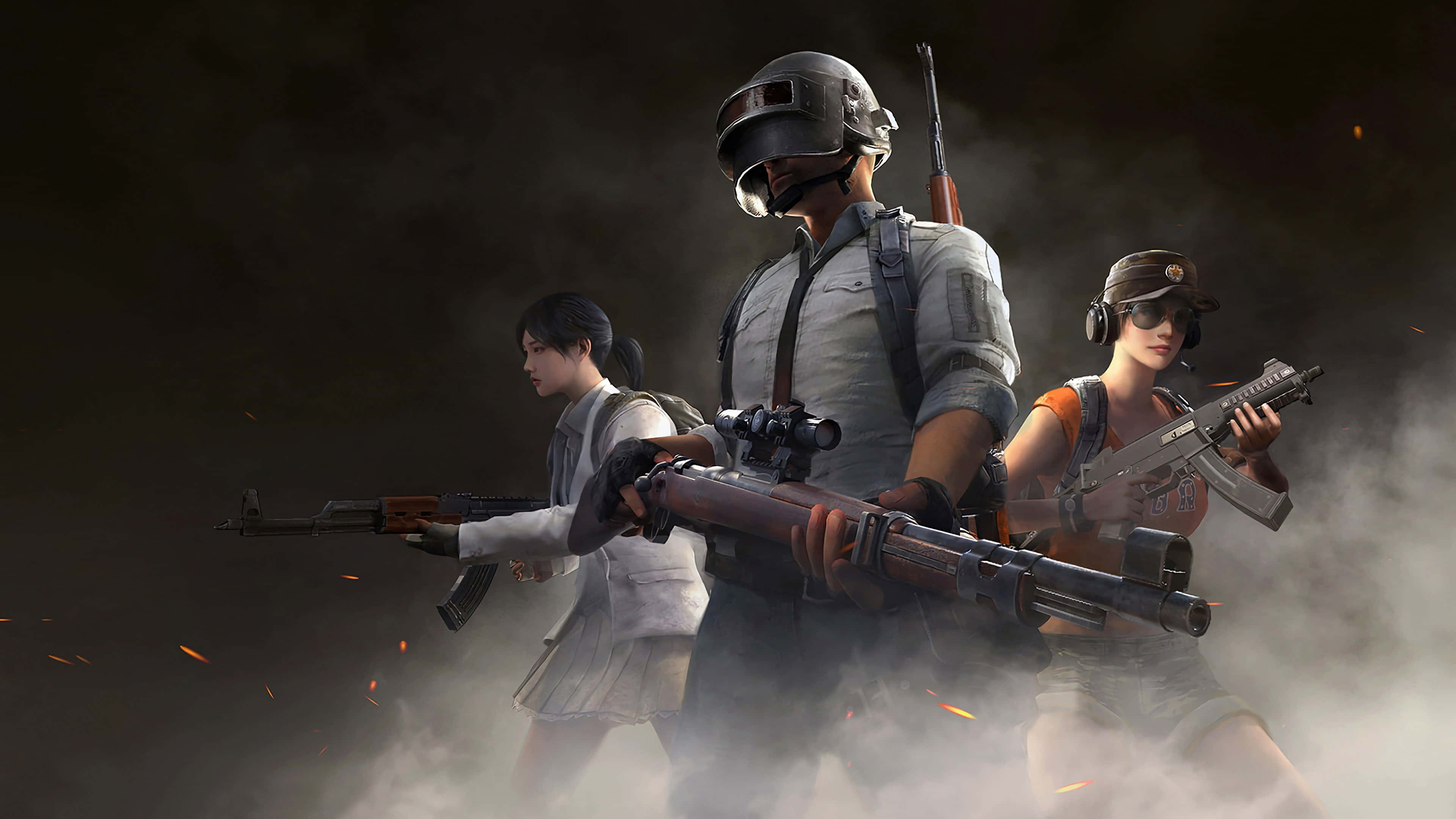 Best Playerunknown's Battlegrounds 桌布 壁紙 — 三名武裝玩家身穿戰術裝備，在煙霧瀰漫的戰場上前進，周圍火花四濺。