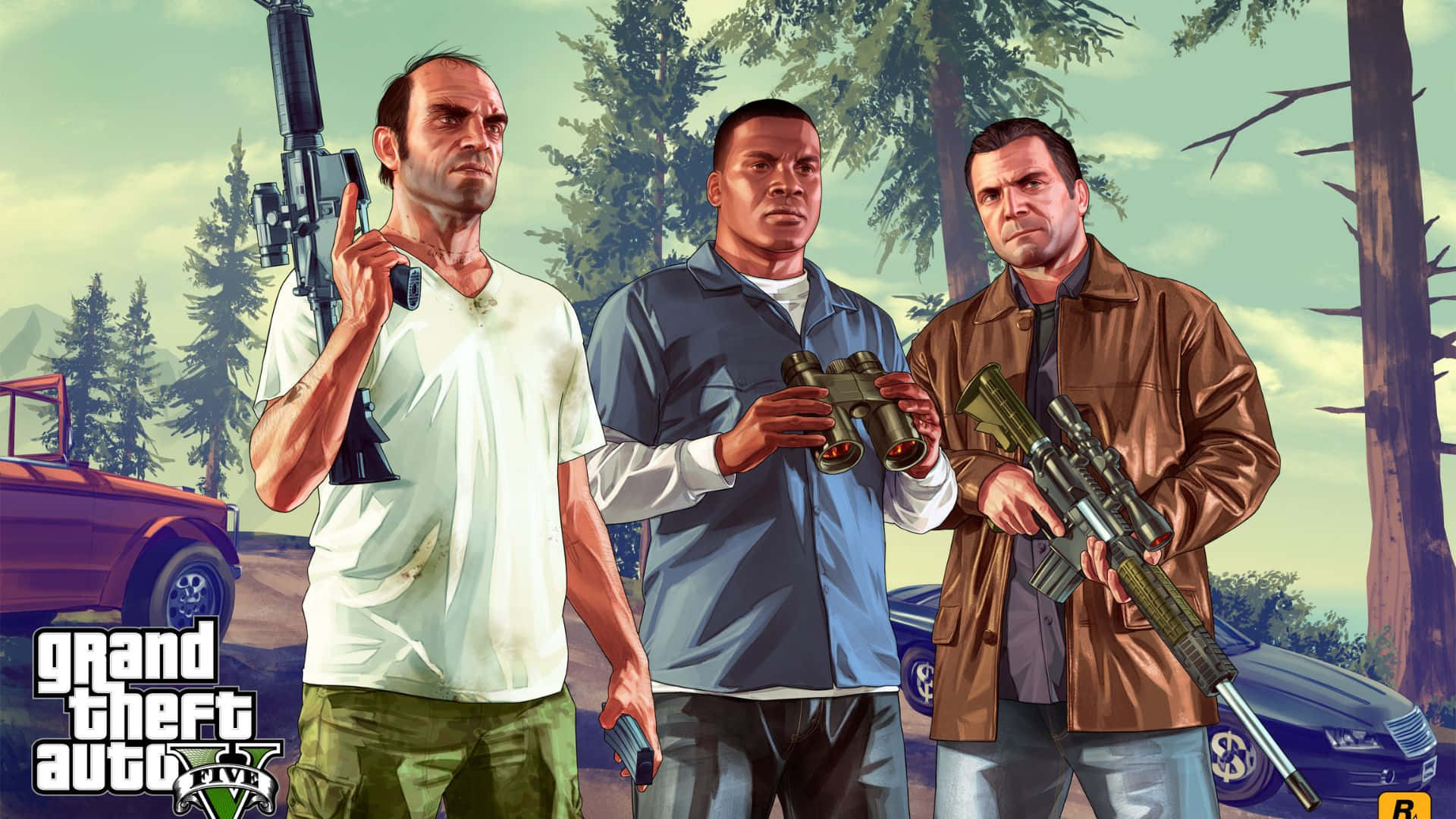 Grand Theft Auto V 桌布 壁紙 — 三名武裝男子站在森林地區，身後有汽車，這是一個風格化的電子遊戲場景。