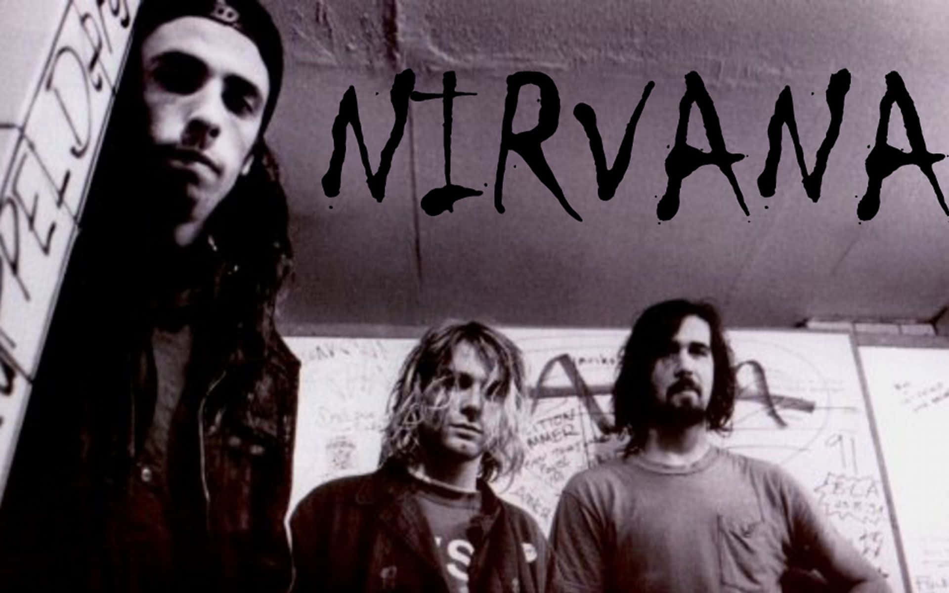 nirvana 桌布 壁紙 — 三名油漬搖滾樂團成員在佈滿塗鴉的牆前，頭頂有粗體黑色字母 'NIRVANA'，他們專注地凝視著鏡頭。