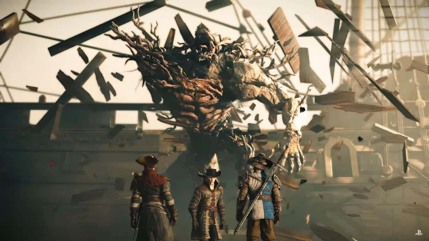 1366x768 Greedfall 桌布 壁紙 — 三名海盜在破碎的船隻殘骸中面對一個巨大的怪物樹木生物，上演一場戲劇性的戰鬥場景。