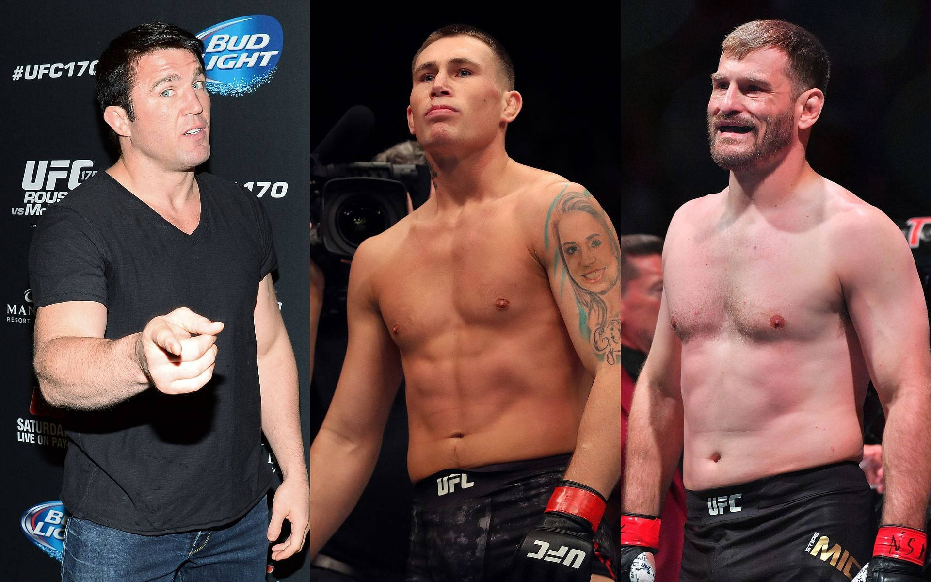 UFC 桌布 壁紙 — 三名男子在UFC賽事中，一人指向赤裸上身、有刺青和手套的拳手。
