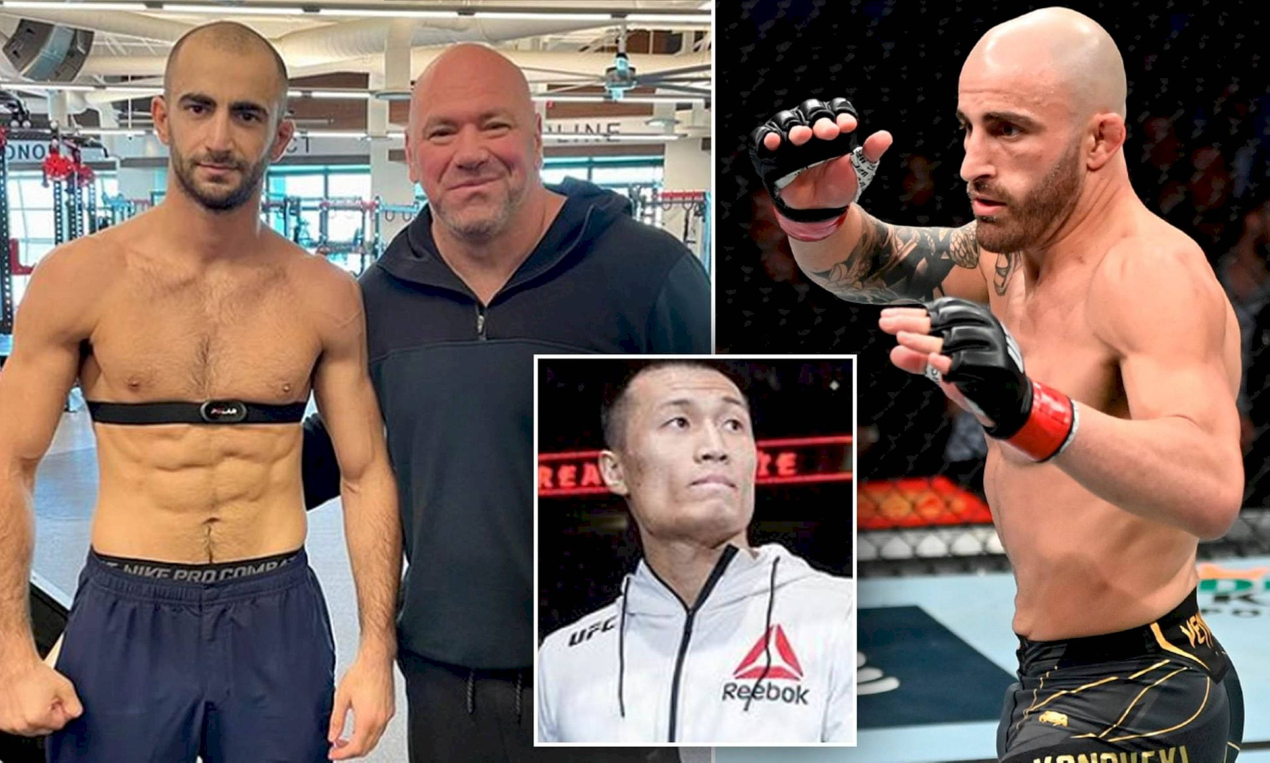 UFC 桌布 壁紙 — 三名男子在健身房和八角形場景中，有穿著格鬥裝備的戰士和一名教練。