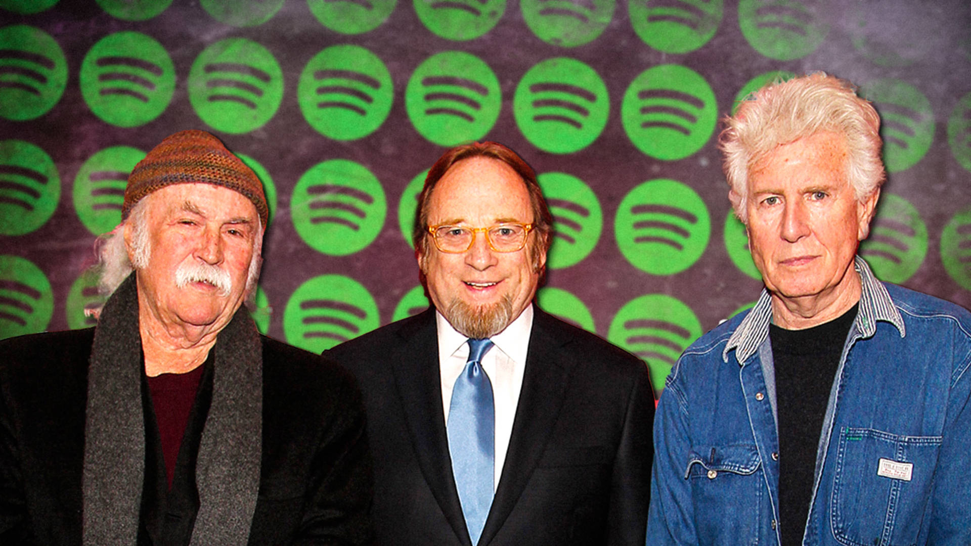 group 桌布 壁紙 — 三名男子在重複的綠色Spotify標誌背景下正式擺姿勢。