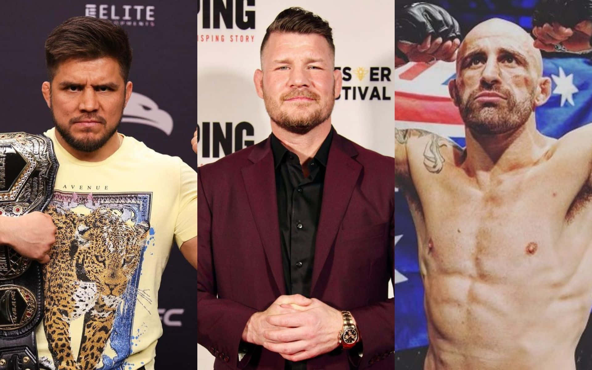 UFC 桌布 壁紙 — 三名男性拳手一起擺姿勢，一人手持冠軍腰帶，一人身穿西裝，一人赤裸上身有刺青。